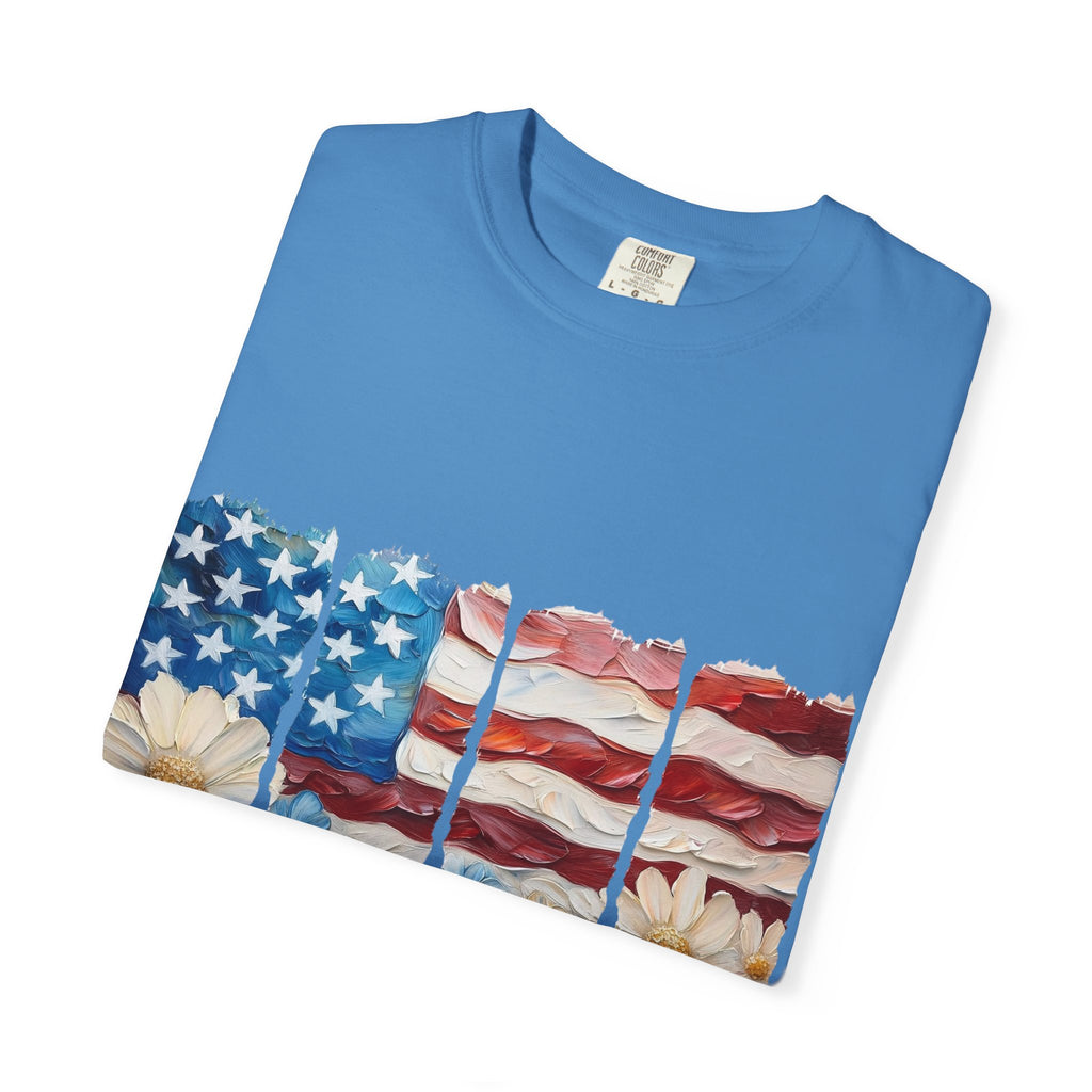 Patriotic Daisy Flag T-Shirt — "Land of the Free Because of the Brave"