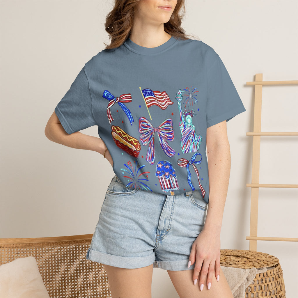 Statue of Liberty, Fireworks & Flags- Tee
