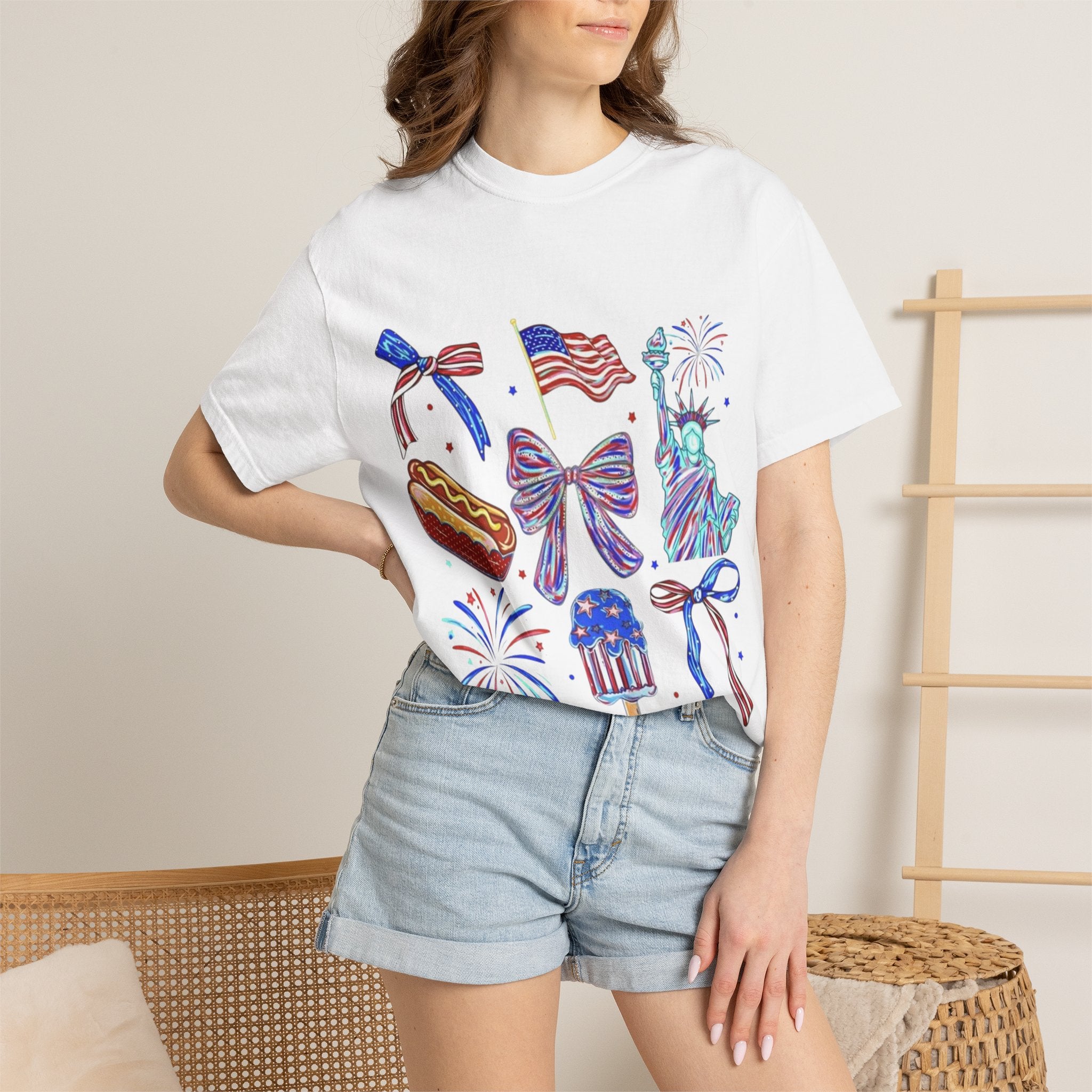 Statue of Liberty, Fireworks & Flags- Tee