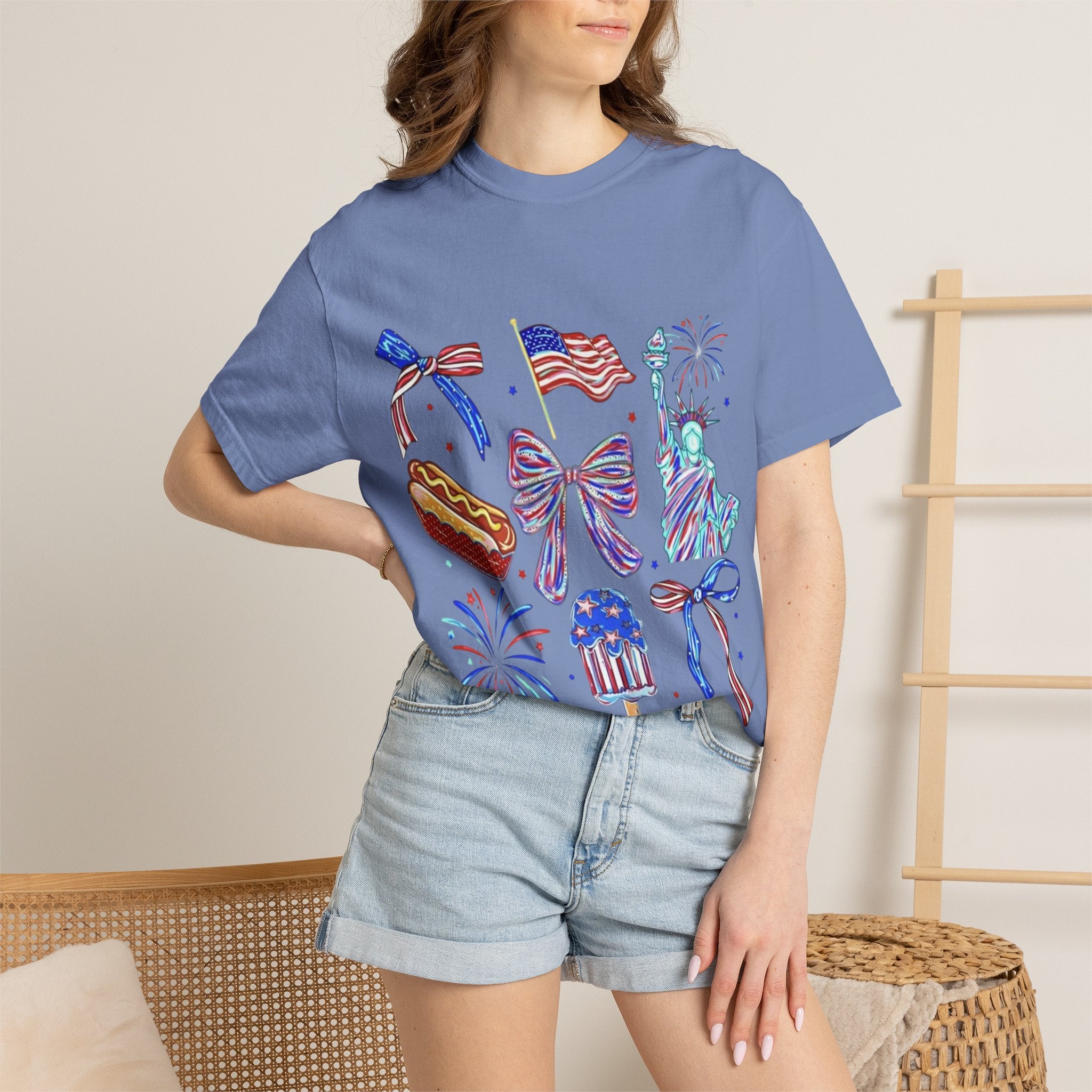 Statue of Liberty, Fireworks & Flags- Tee