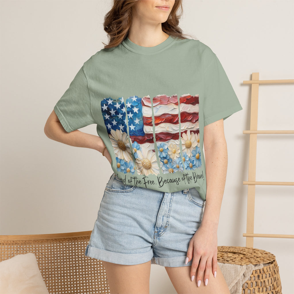 Patriotic Daisy Flag T-Shirt — "Land of the Free Because of the Brave"