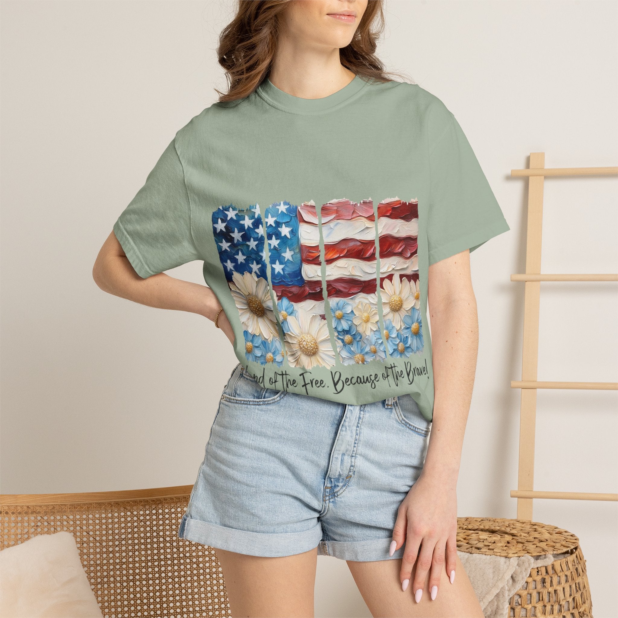 Patriotic Daisy Flag T-Shirt — "Land of the Free Because of the Brave"
