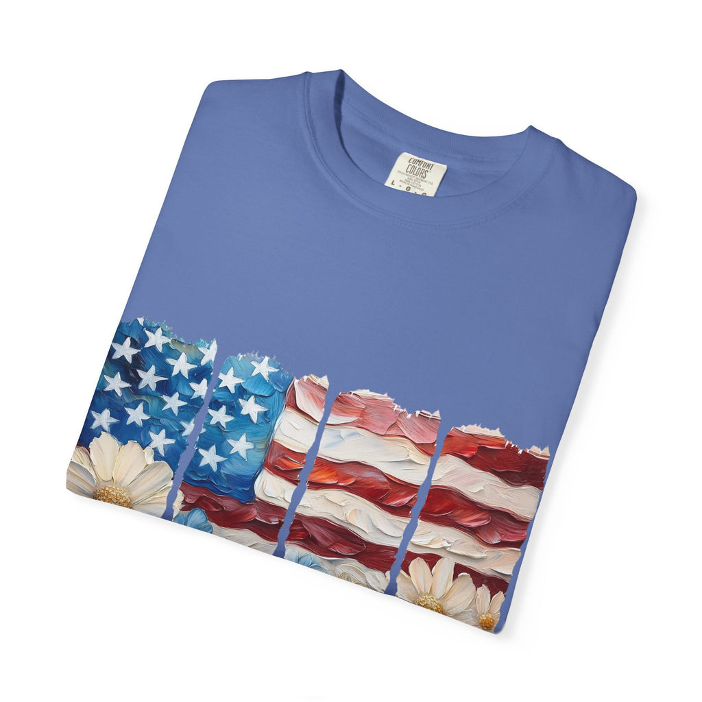 Patriotic Daisy Flag T-Shirt — "Land of the Free Because of the Brave"