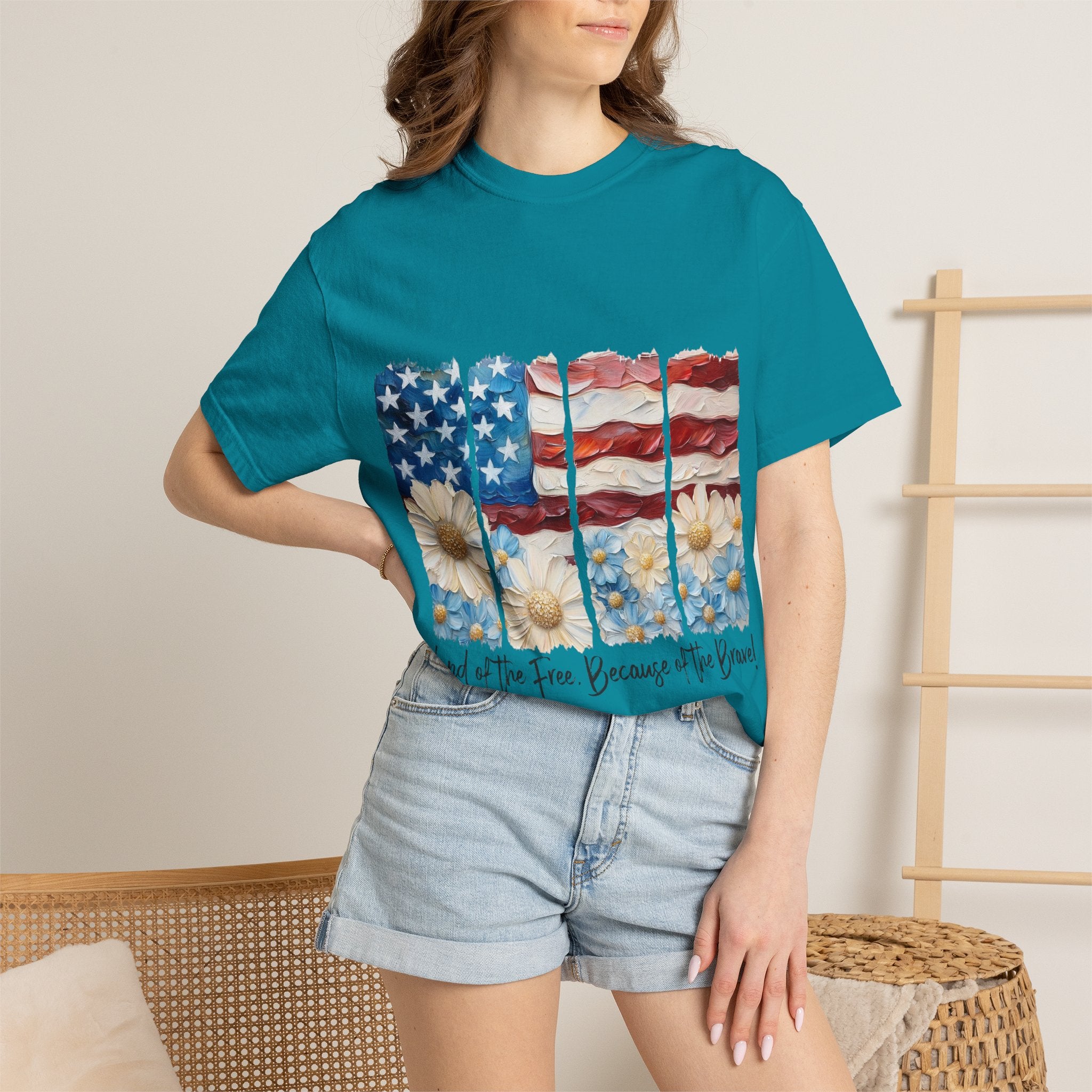 Patriotic Daisy Flag T-Shirt — "Land of the Free Because of the Brave"