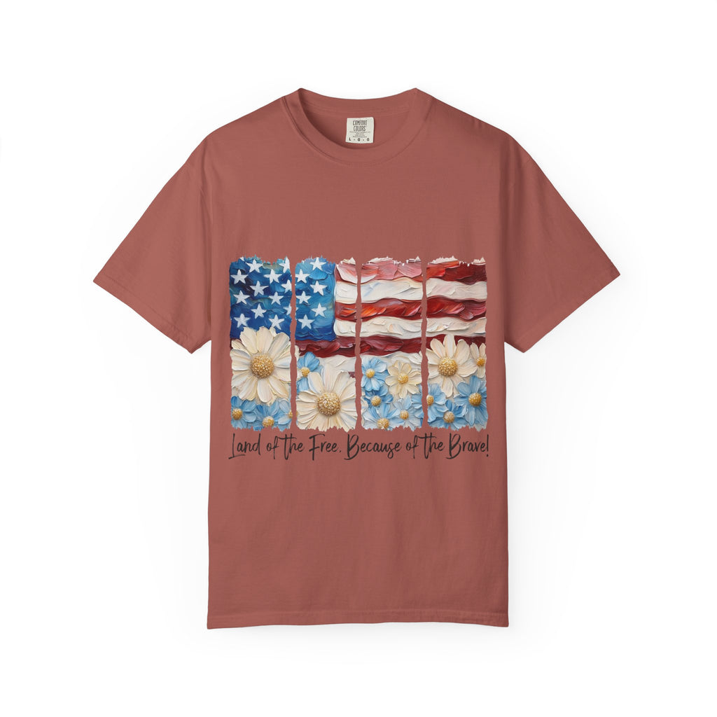 Patriotic Daisy Flag T-Shirt — "Land of the Free Because of the Brave"