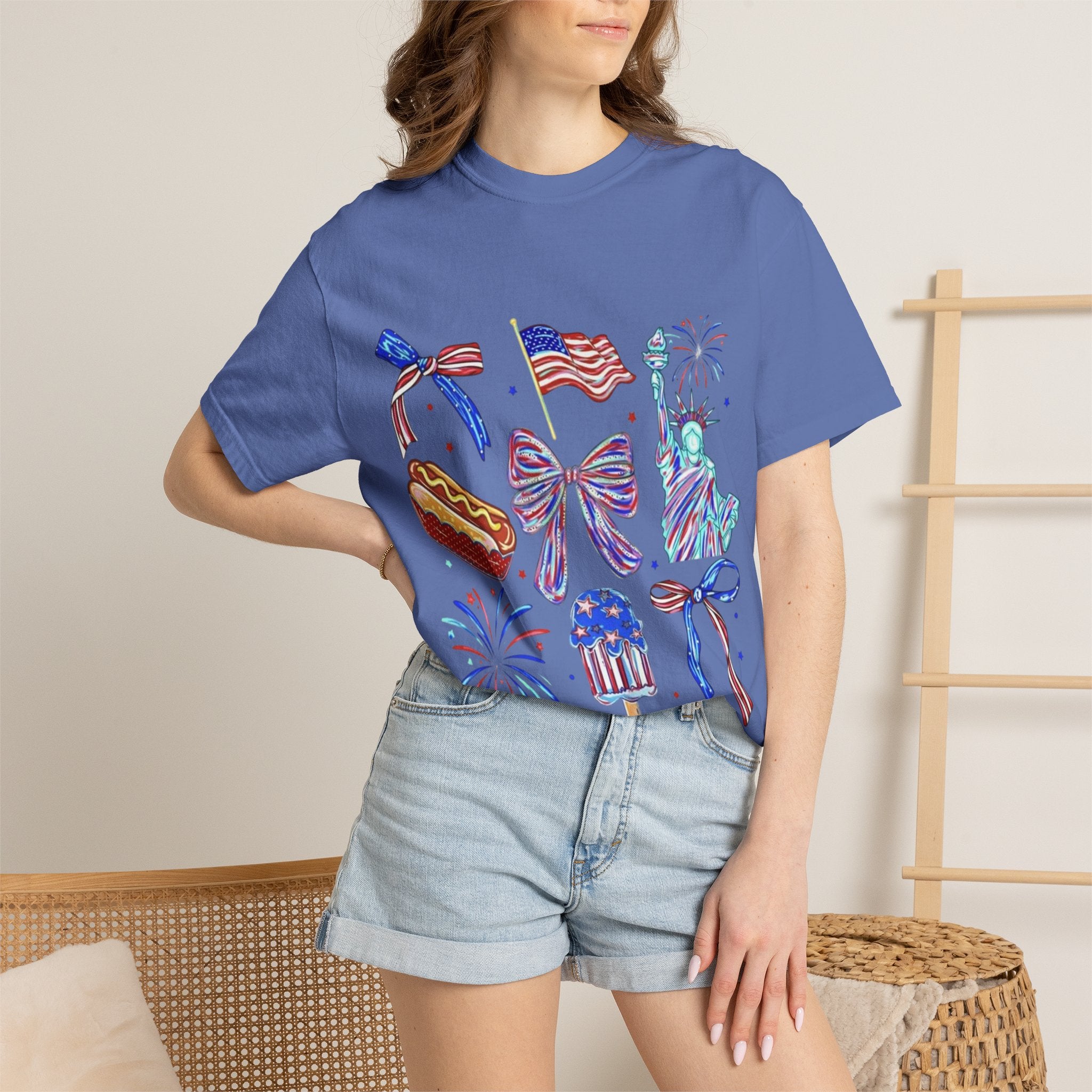 Statue of Liberty, Fireworks & Flags- Tee