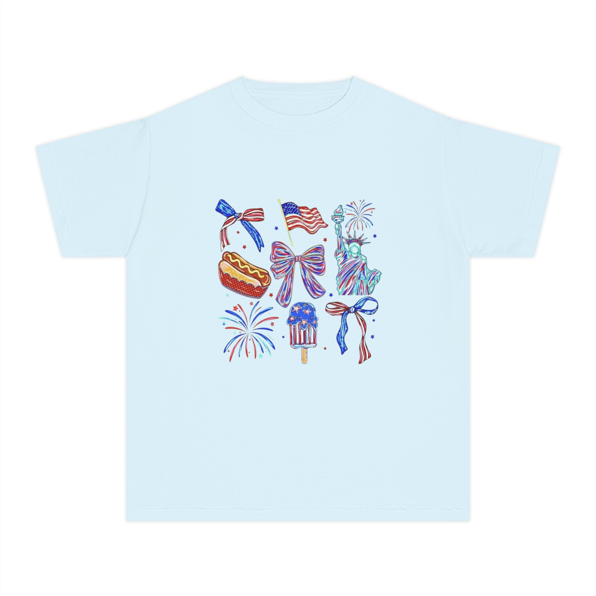 Youth Tee — Icons (fireworks, flag, popsicle, Statue of Liberty)