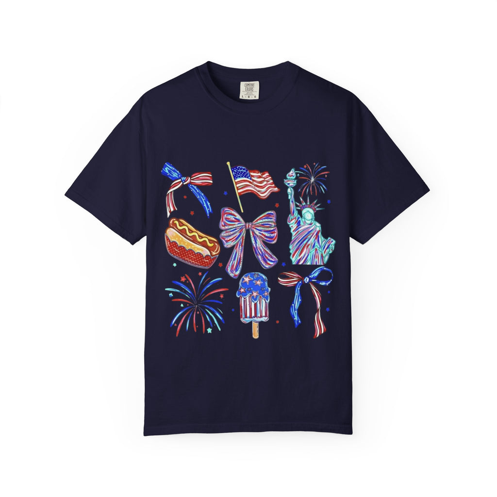 Statue of Liberty, Fireworks & Flags- Tee