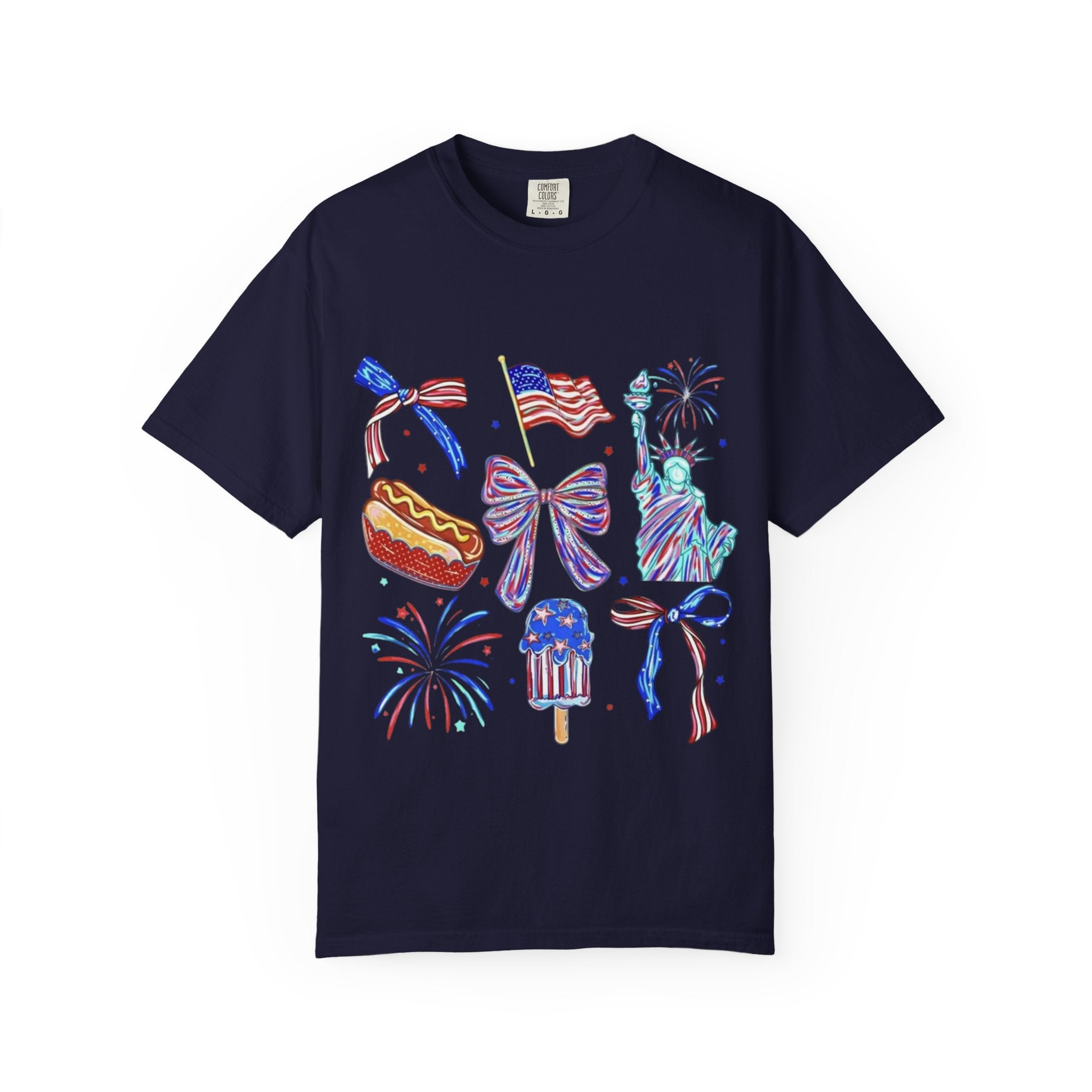 Statue of Liberty, Fireworks & Flags- Tee