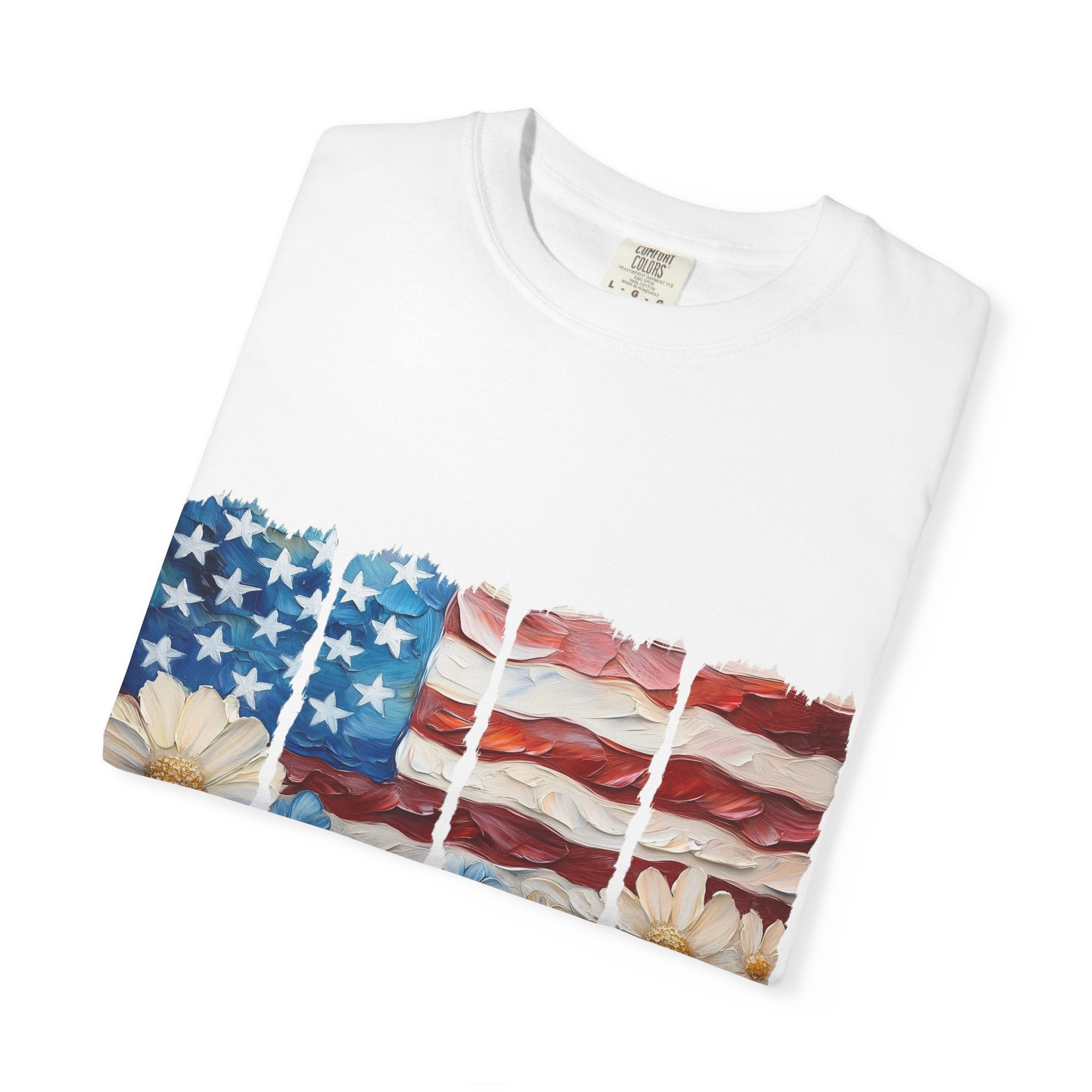 Patriotic Daisy Flag T-Shirt — "Land of the Free Because of the Brave"