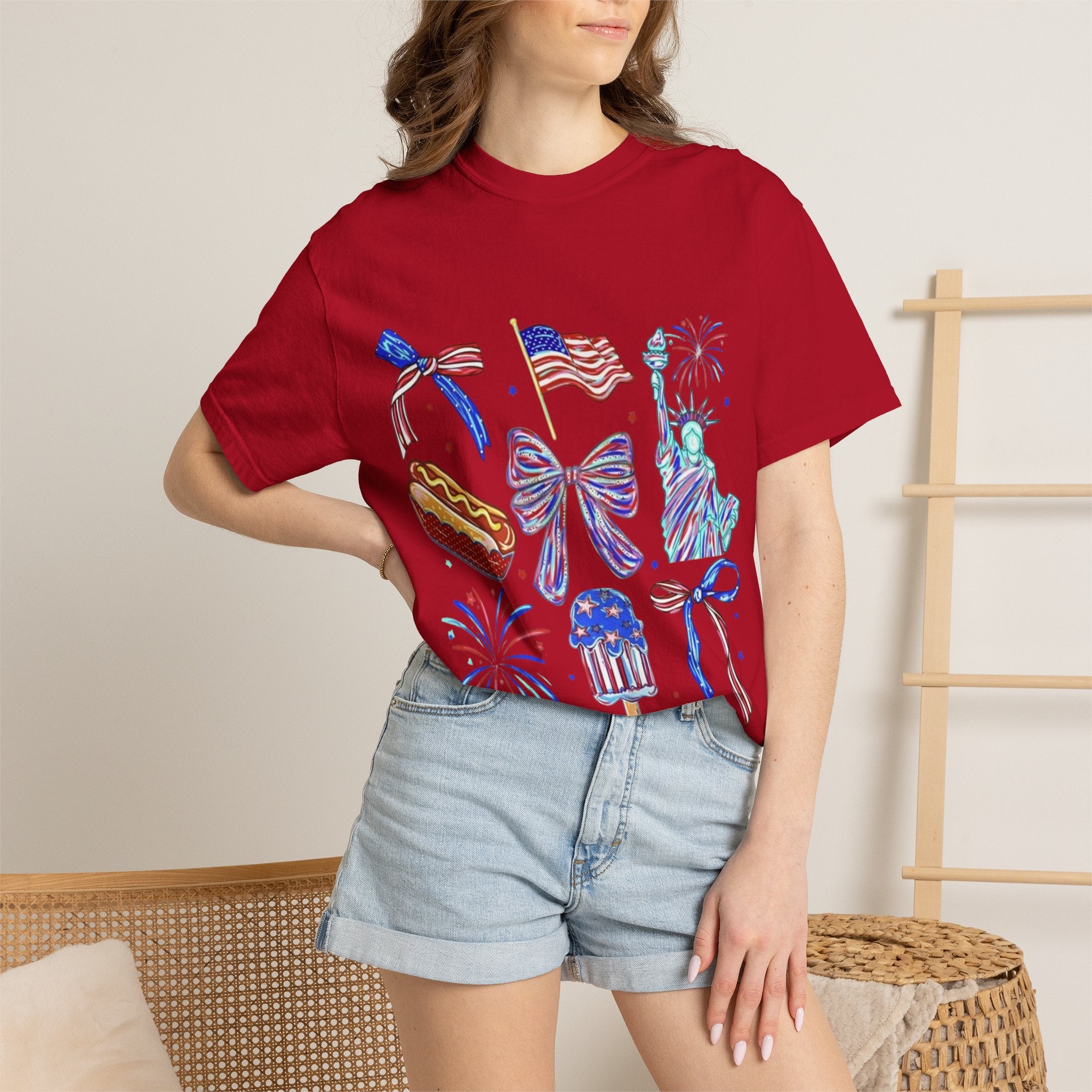 Statue of Liberty, Fireworks & Flags- Tee