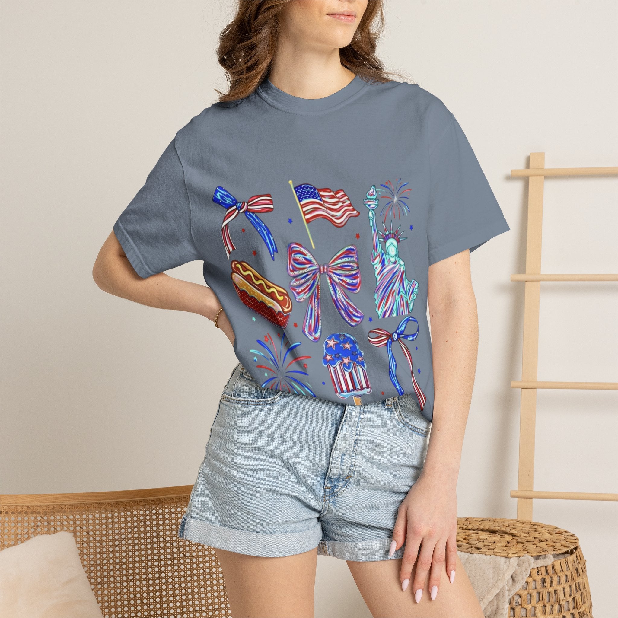 Statue of Liberty, Fireworks & Flags- Tee