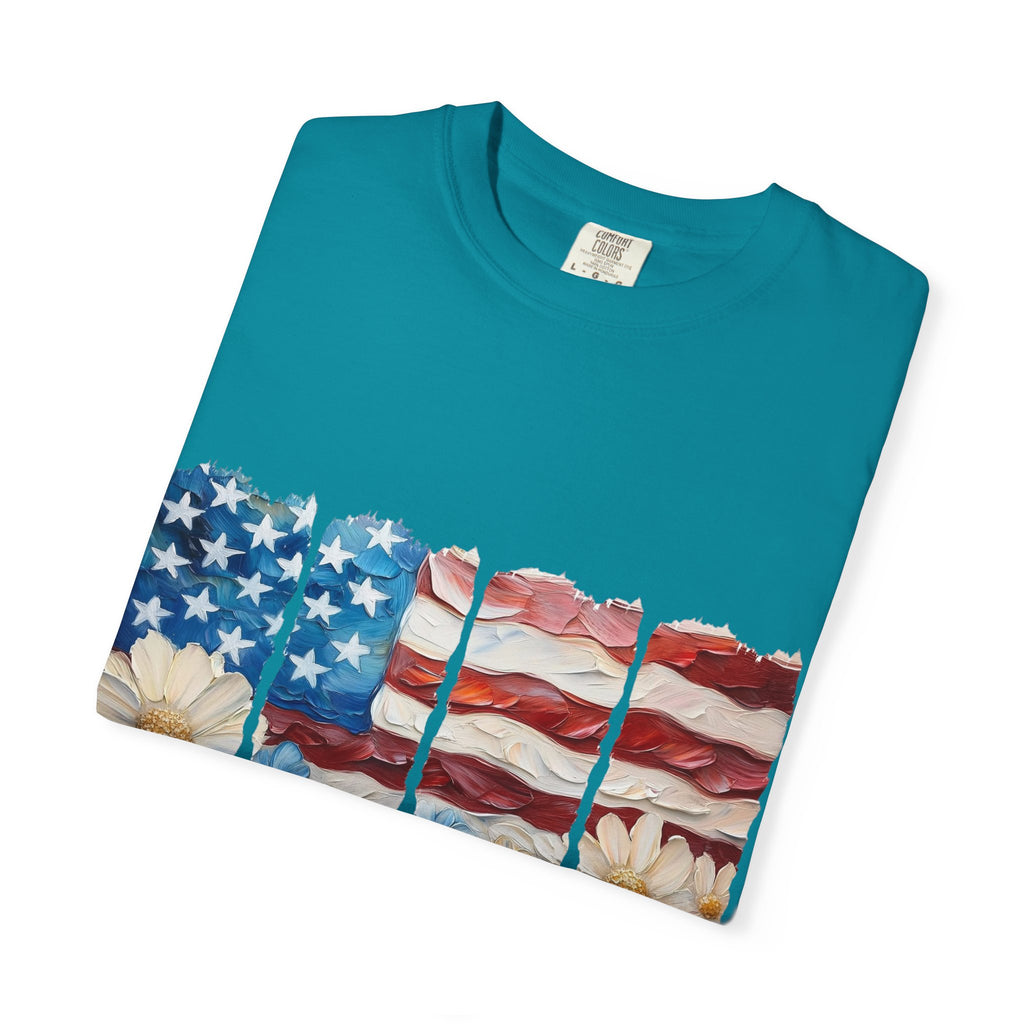 Patriotic Daisy Flag T-Shirt — "Land of the Free Because of the Brave"