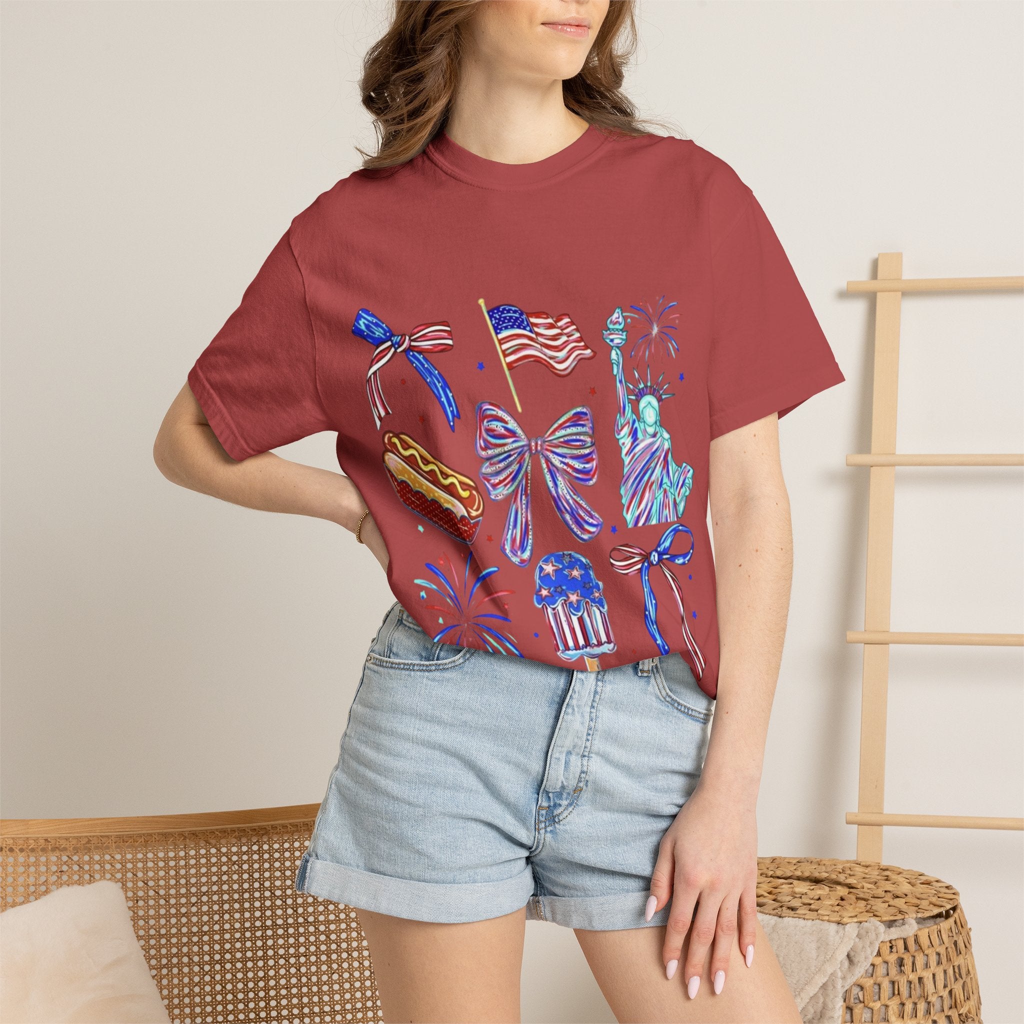 Statue of Liberty, Fireworks & Flags- Tee