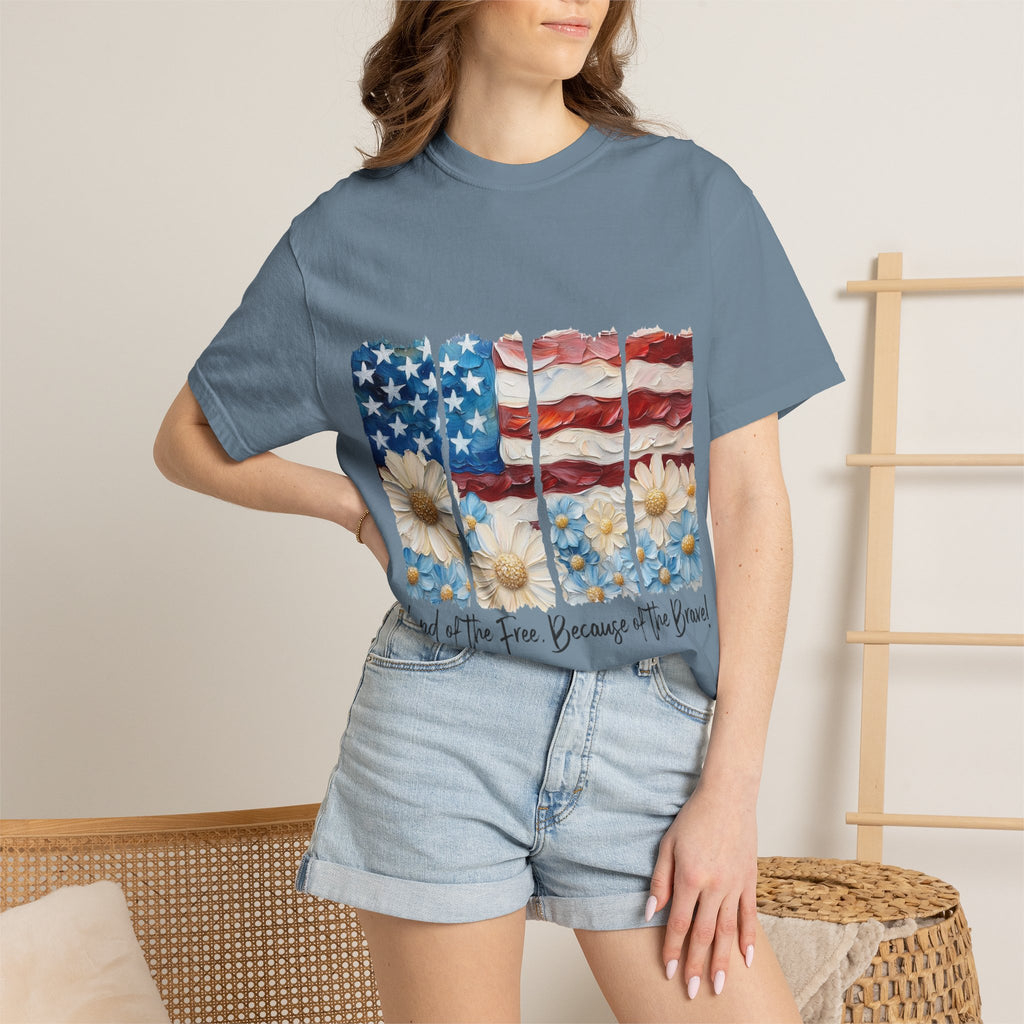 Patriotic Daisy Flag T-Shirt — "Land of the Free Because of the Brave"