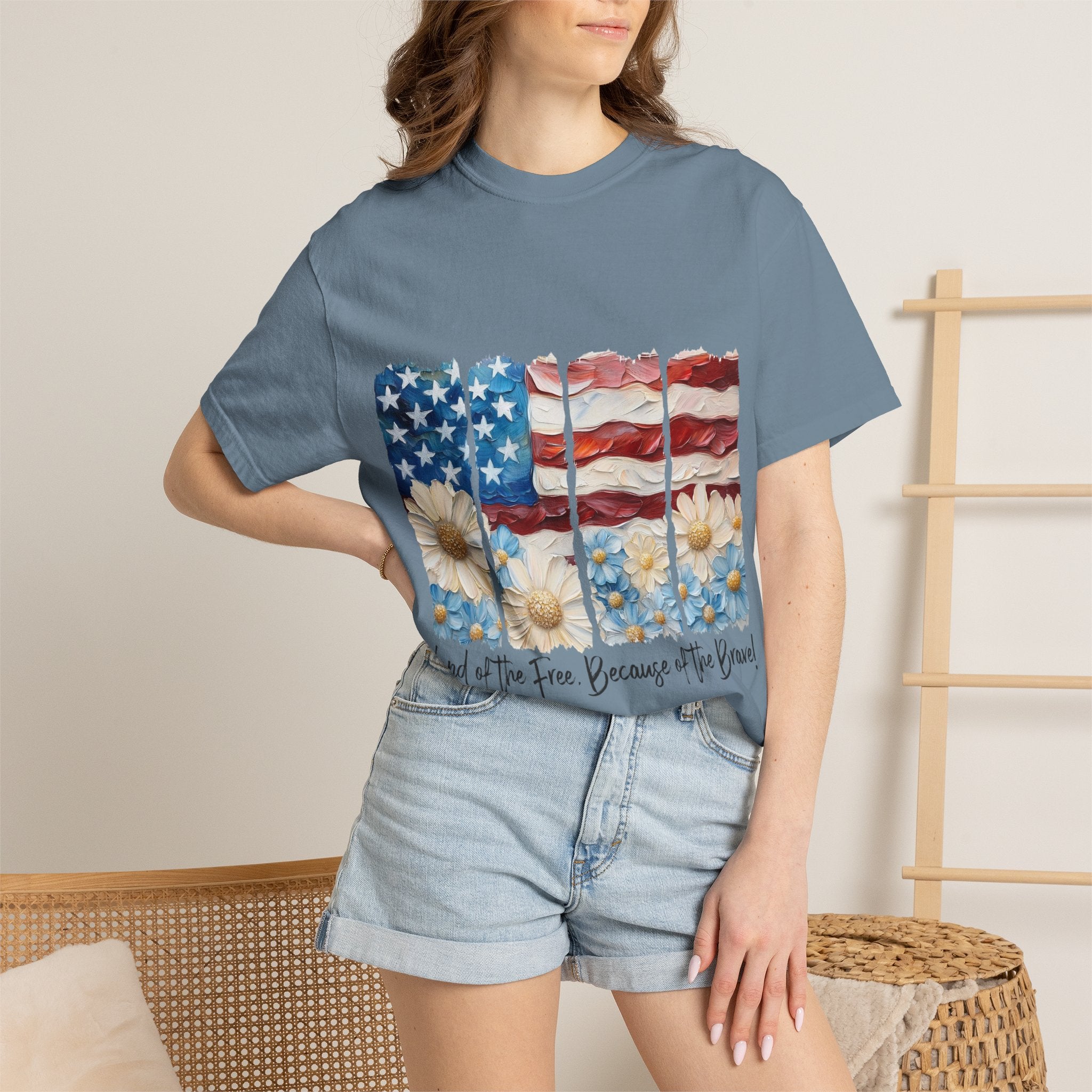 Patriotic Daisy Flag T-Shirt — "Land of the Free Because of the Brave"