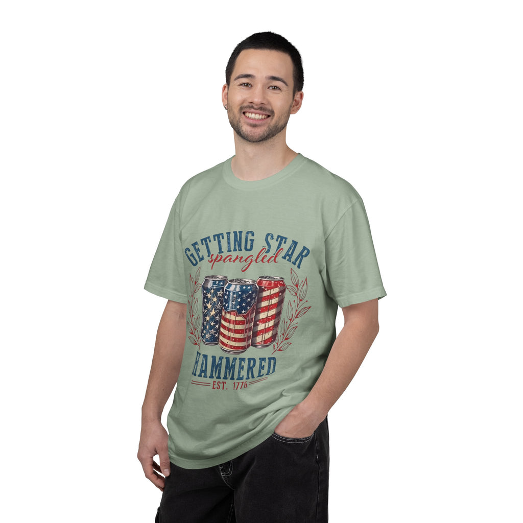 Getting Star Spangled Hammered T-Shirt — Patriotic Beer Can Graphic