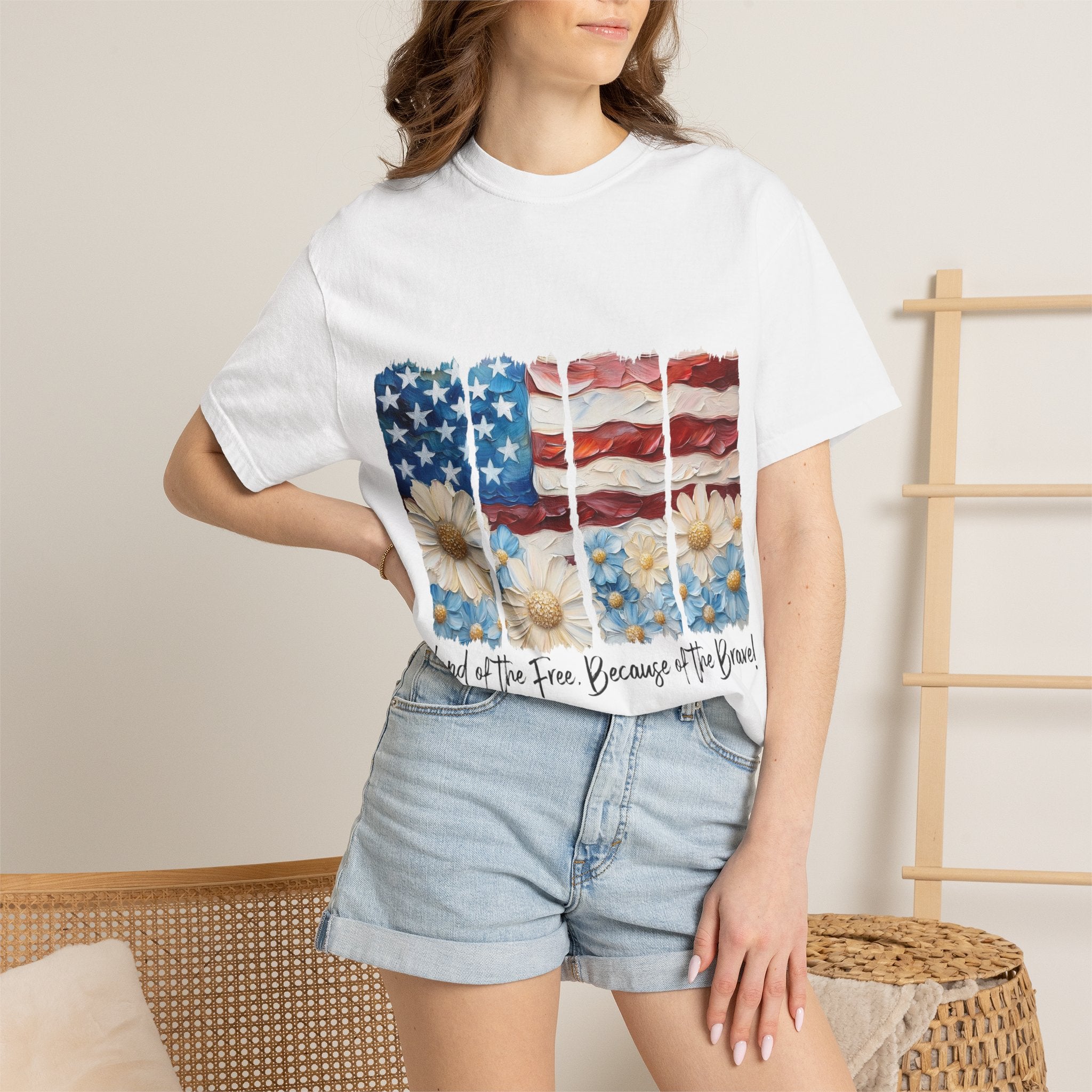 Patriotic Daisy Flag T-Shirt — "Land of the Free Because of the Brave"