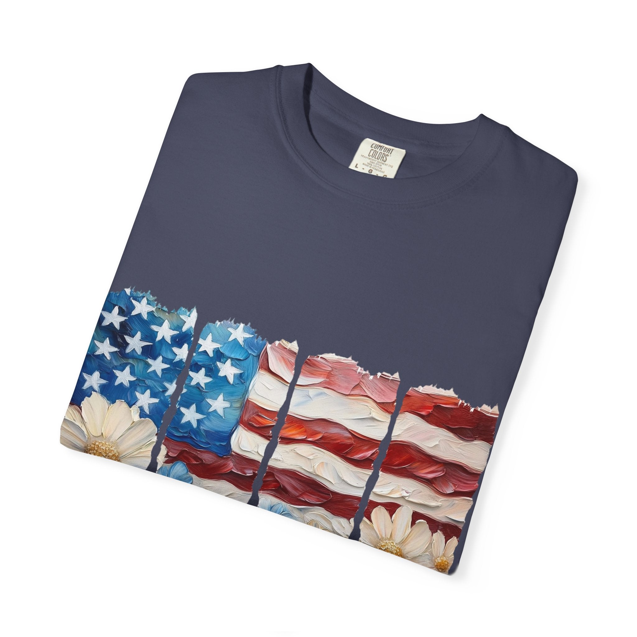 Patriotic Daisy Flag T-Shirt — "Land of the Free Because of the Brave"
