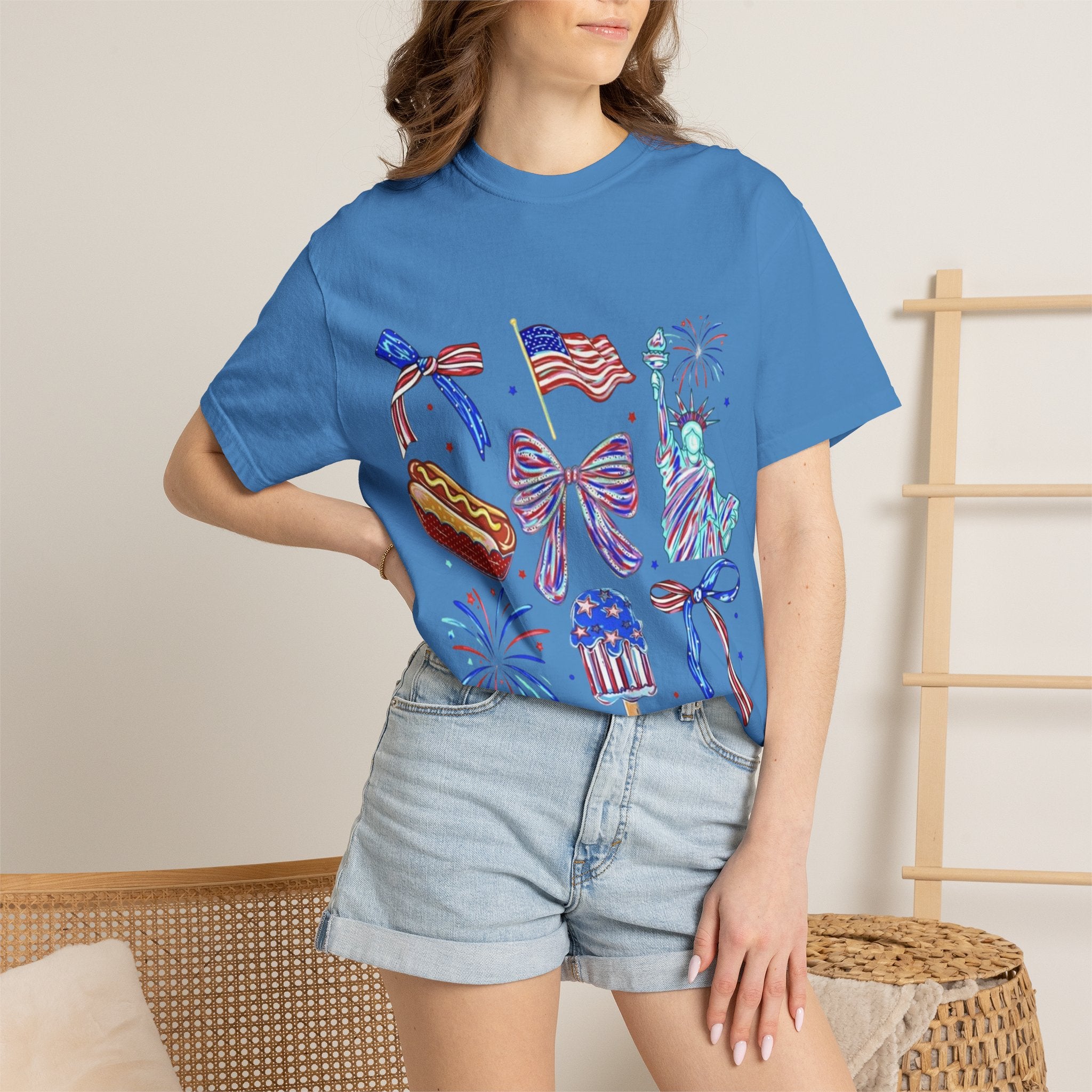 Statue of Liberty, Fireworks & Flags- Tee