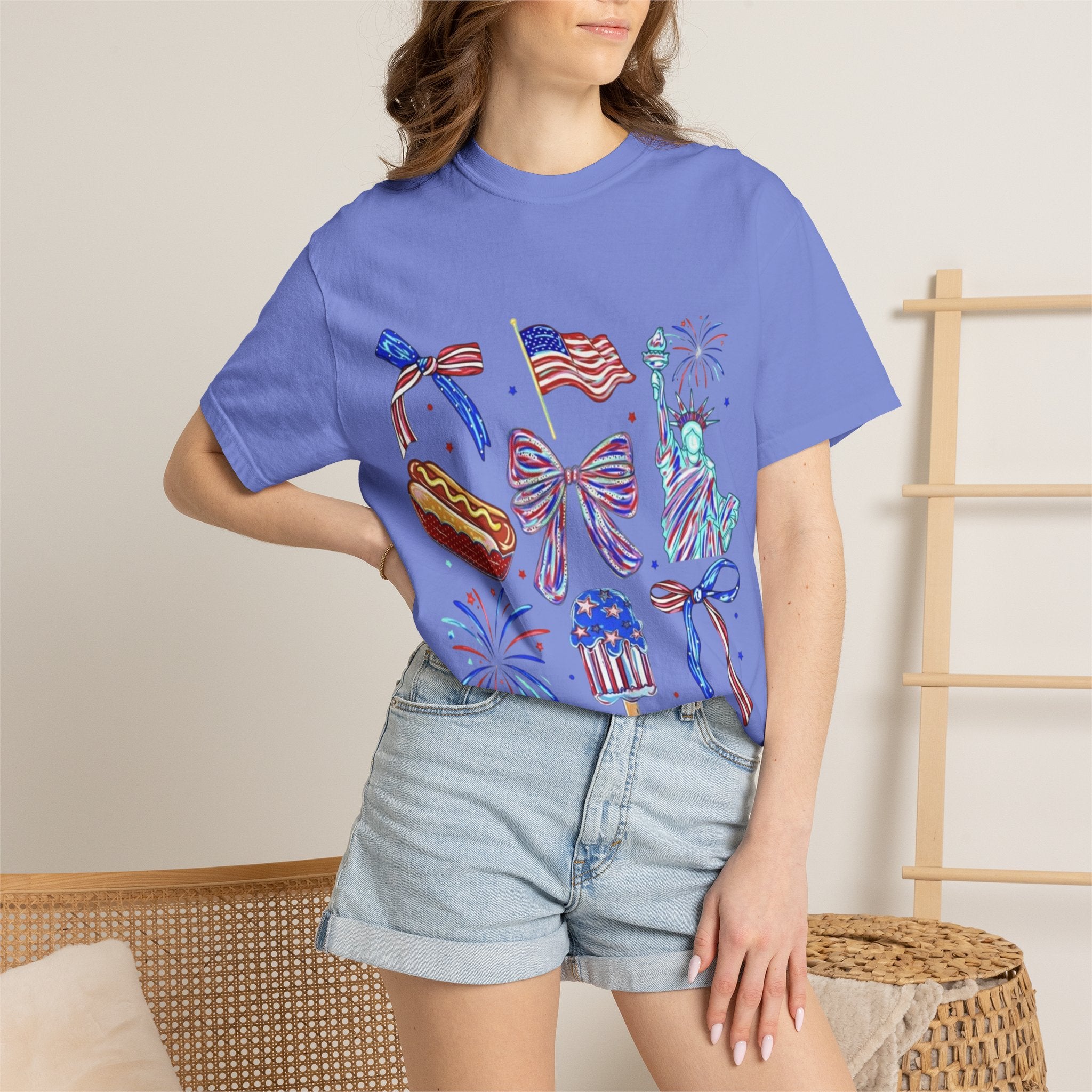 Statue of Liberty, Fireworks & Flags- Tee