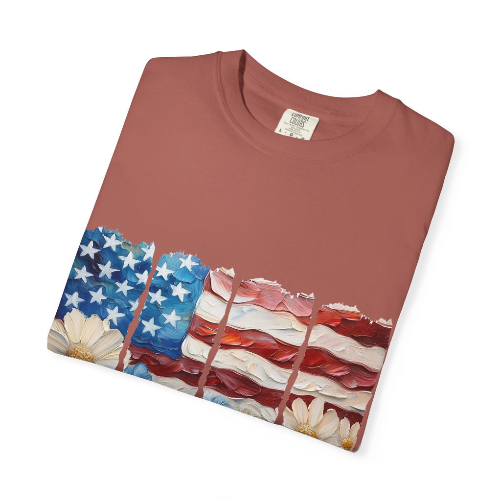 Patriotic Daisy Flag T-Shirt — "Land of the Free Because of the Brave"