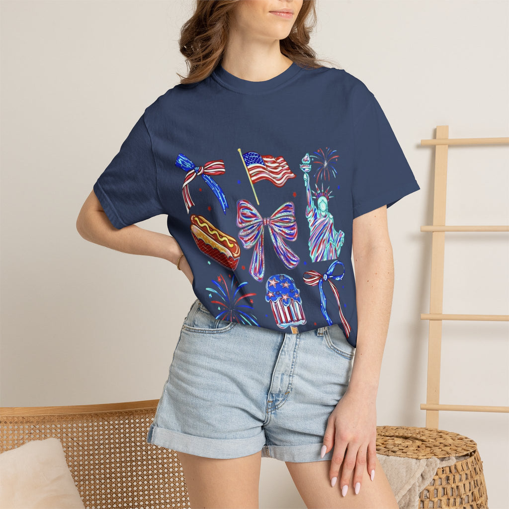 Statue of Liberty, Fireworks & Flags- Tee