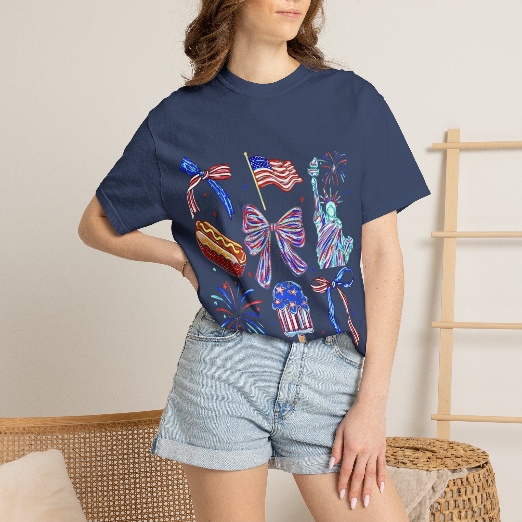 Statue of Liberty, Fireworks & Flags- Tee