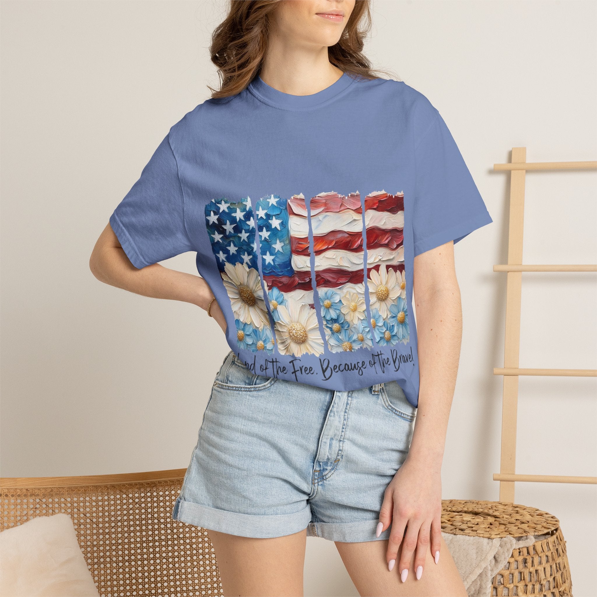 Patriotic Daisy Flag T-Shirt — "Land of the Free Because of the Brave"