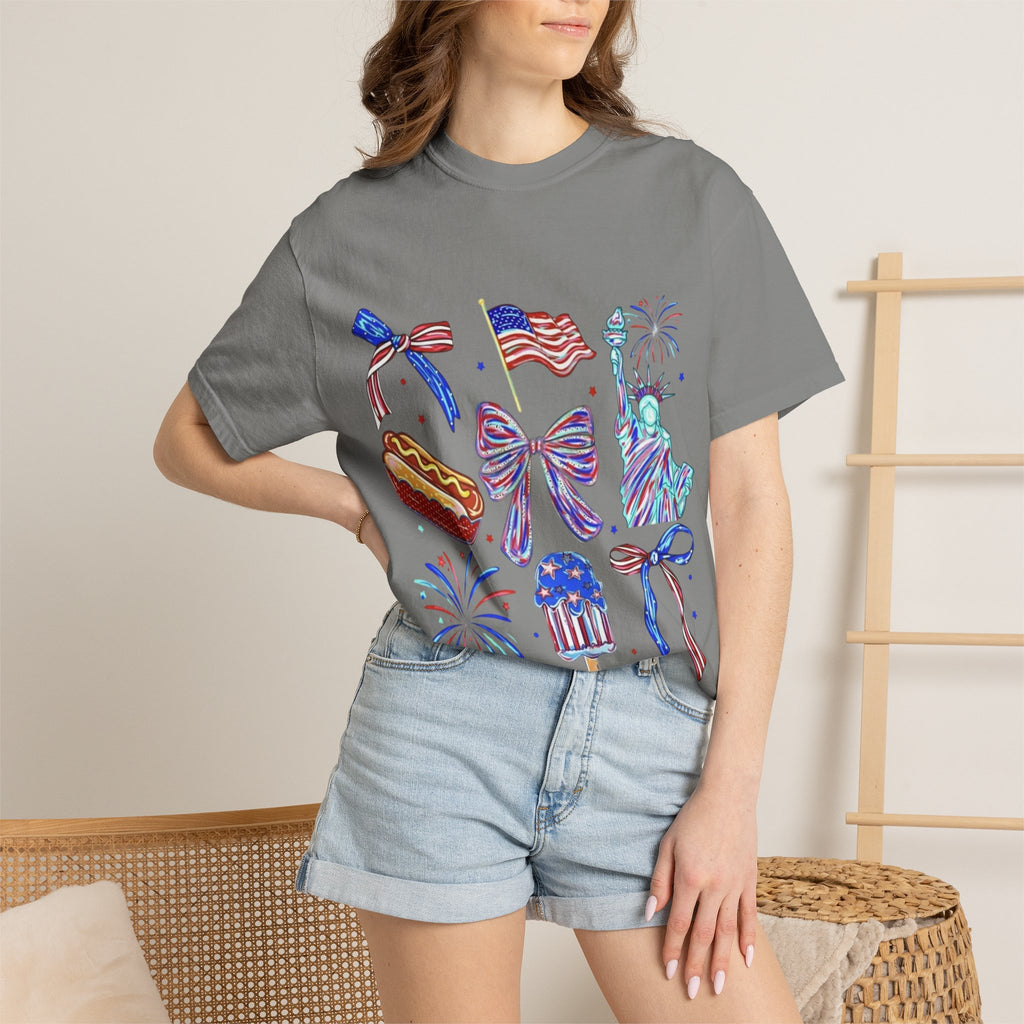 Statue of Liberty, Fireworks & Flags- Tee
