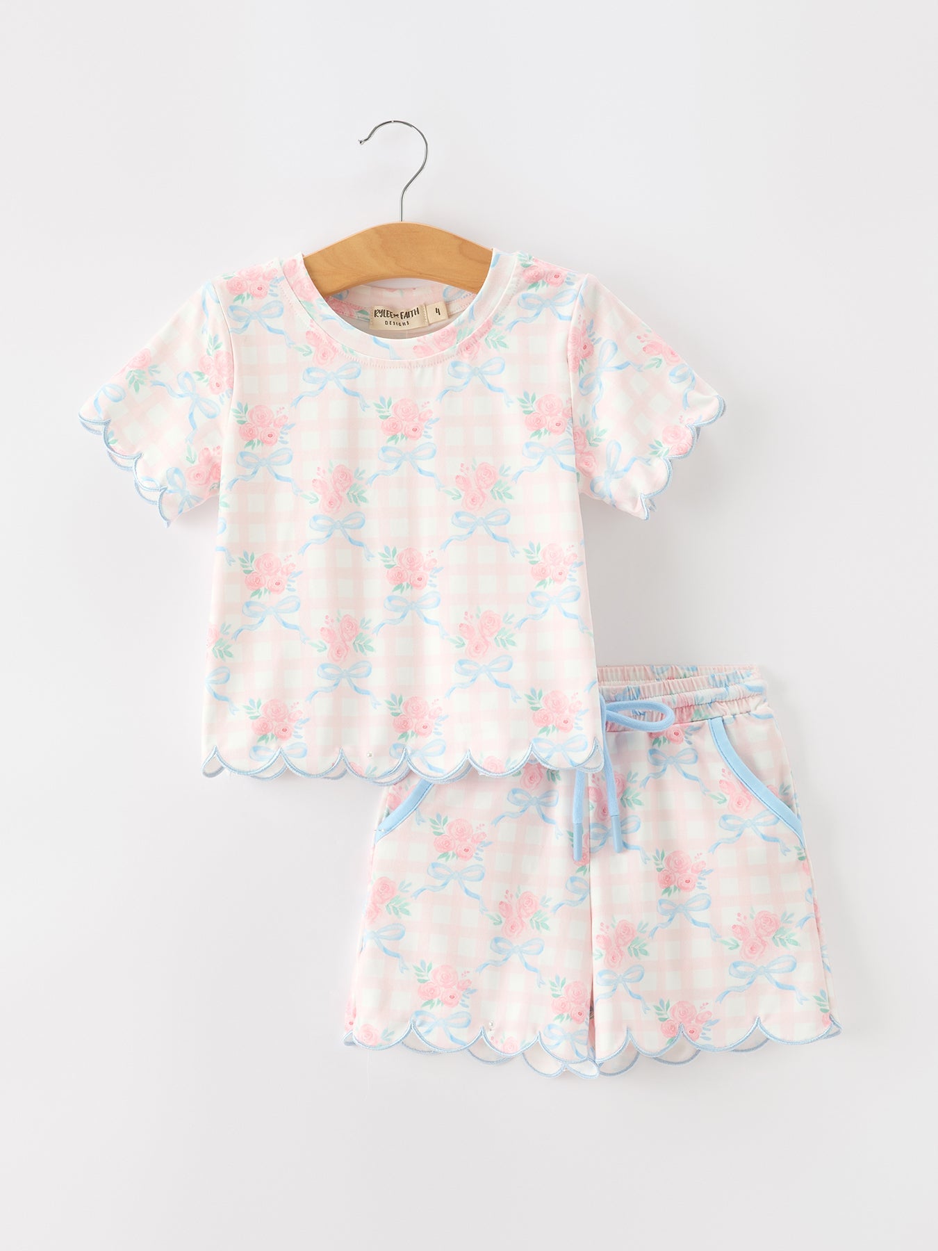 Bow Floral Girl Short Set Scallop Hem