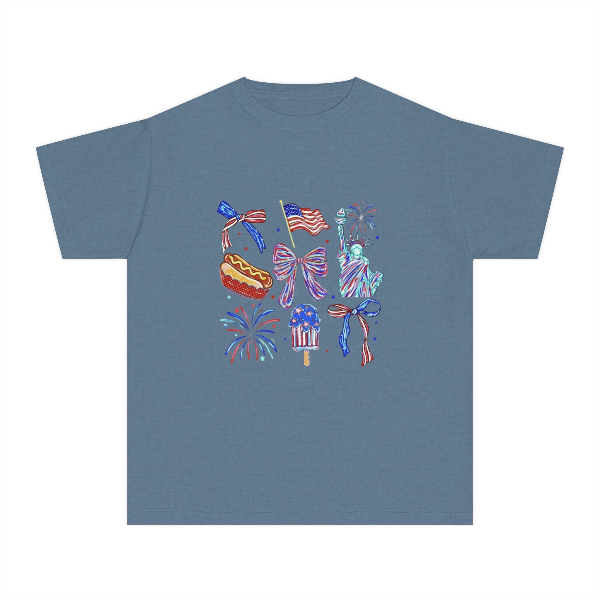 Youth Tee — Icons (fireworks, flag, popsicle, Statue of Liberty)