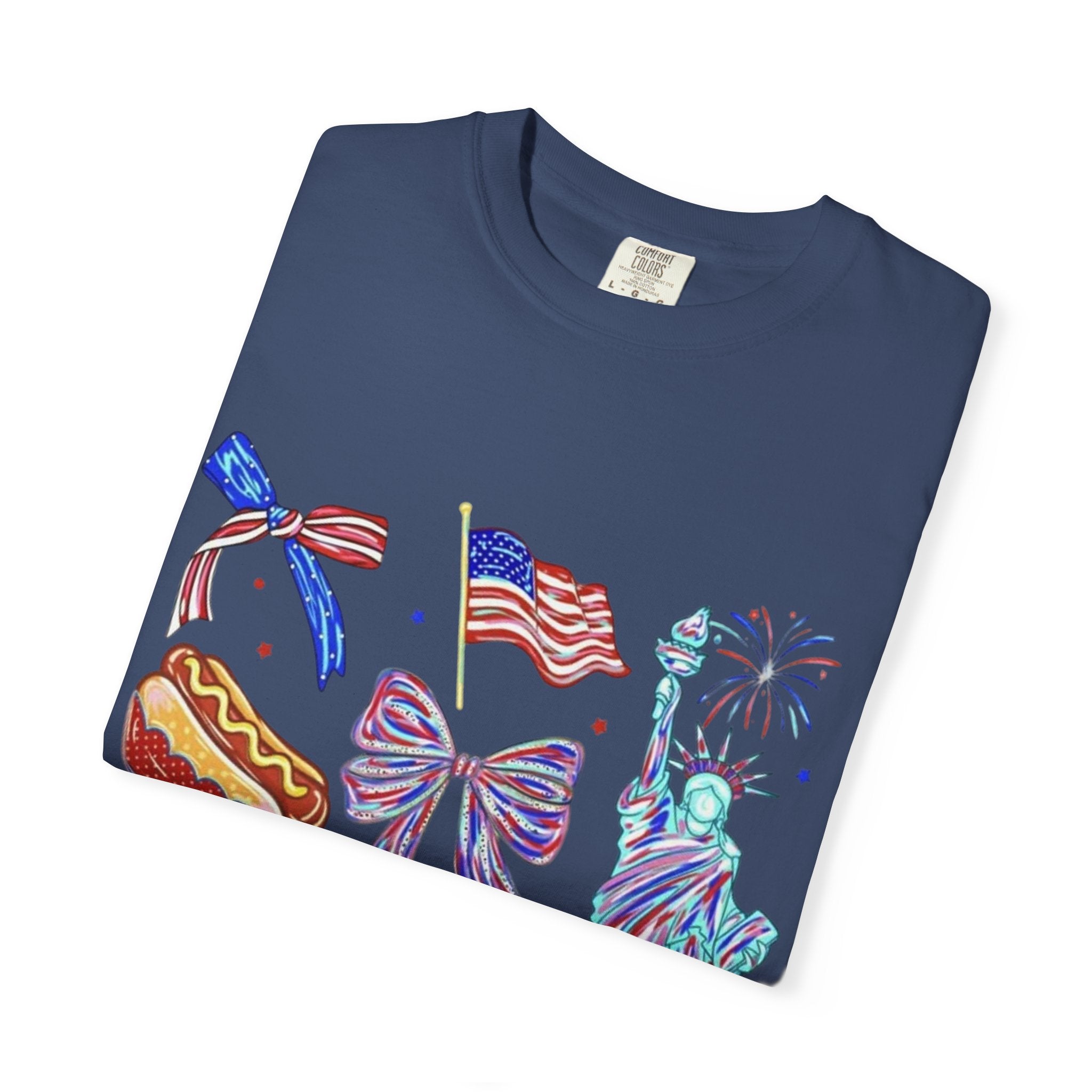 Statue of Liberty, Fireworks & Flags- Tee