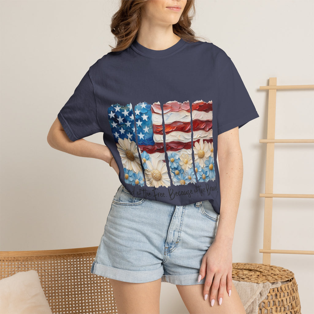 Patriotic Daisy Flag T-Shirt — "Land of the Free Because of the Brave"