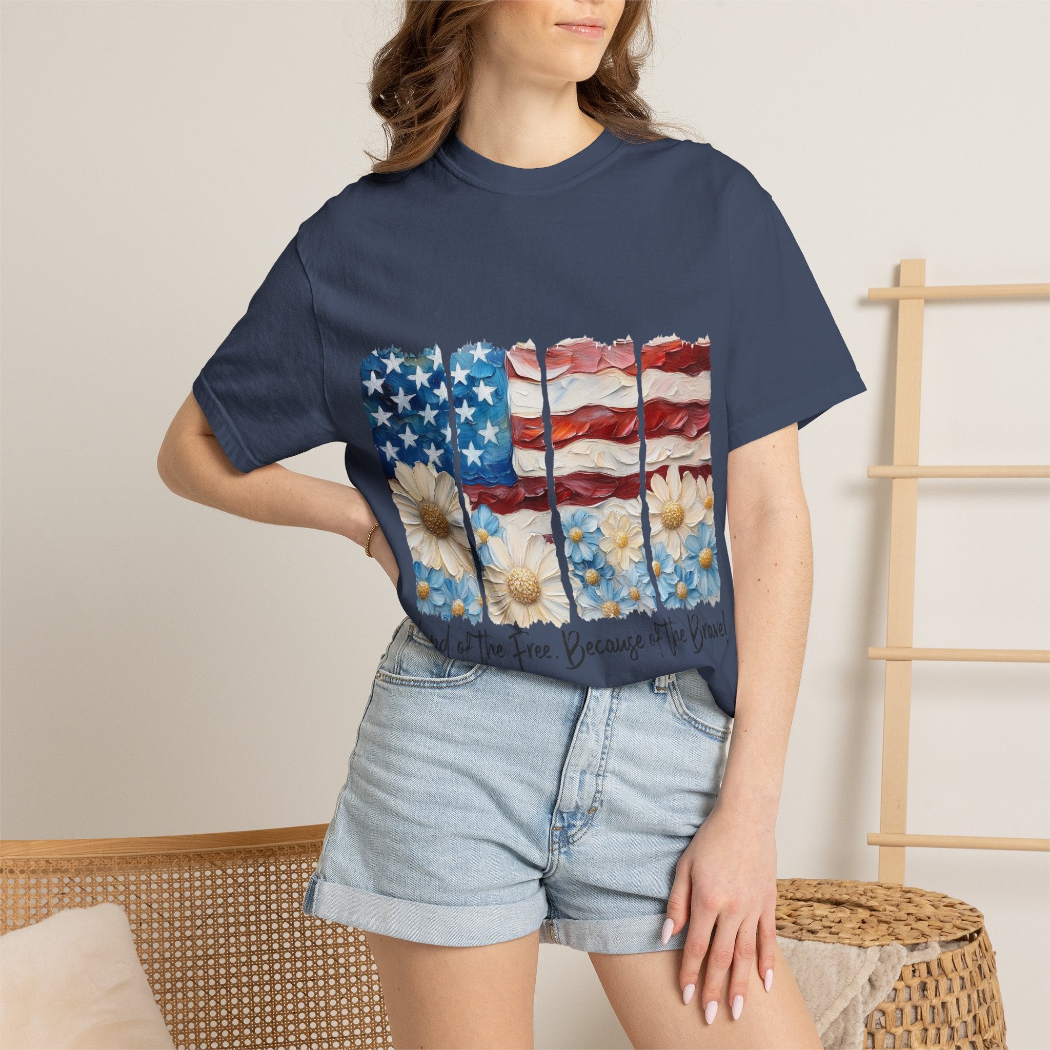 Patriotic Daisy Flag T-Shirt — "Land of the Free Because of the Brave"