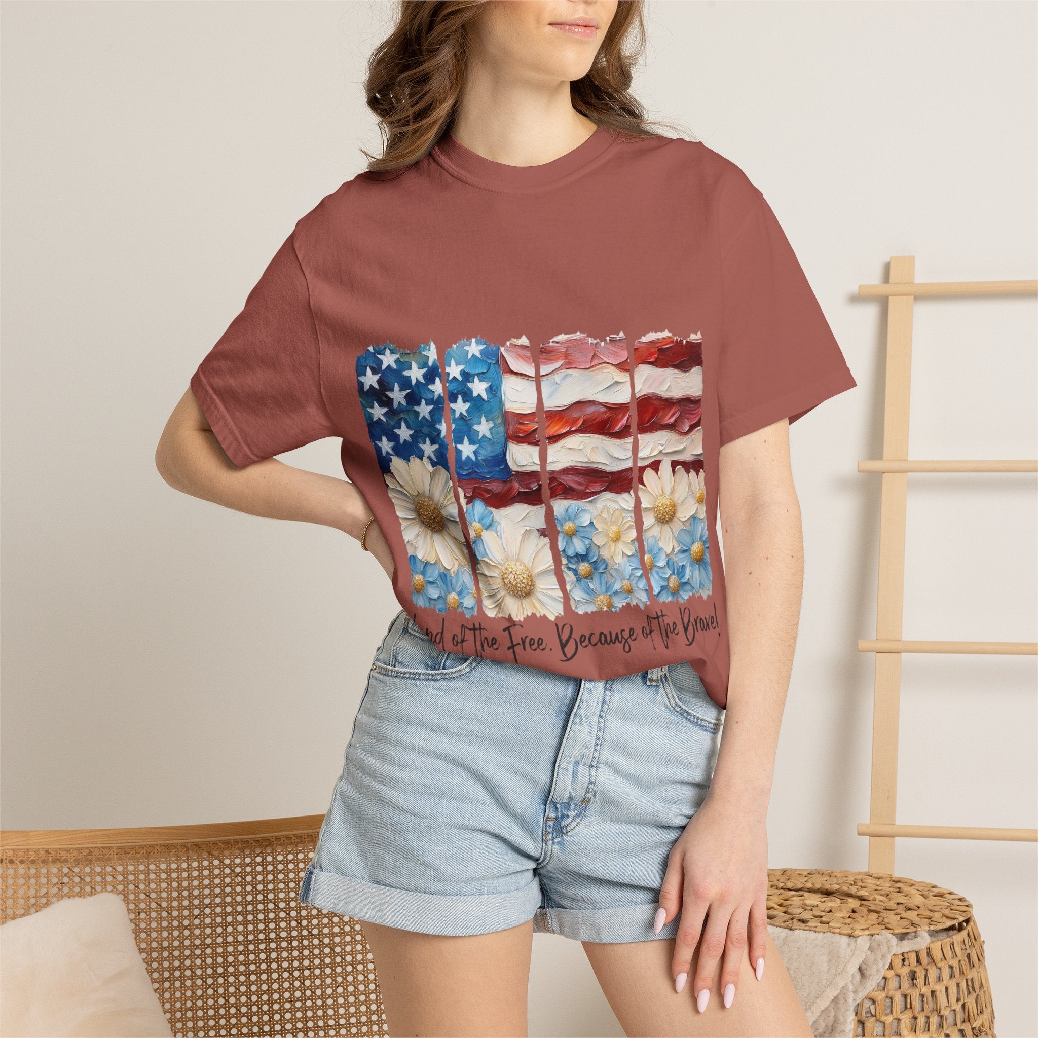 Patriotic Daisy Flag T-Shirt — "Land of the Free Because of the Brave"