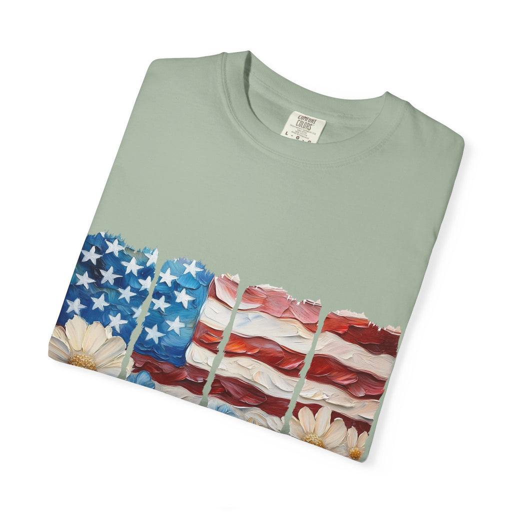 Patriotic Daisy Flag T-Shirt — "Land of the Free Because of the Brave"