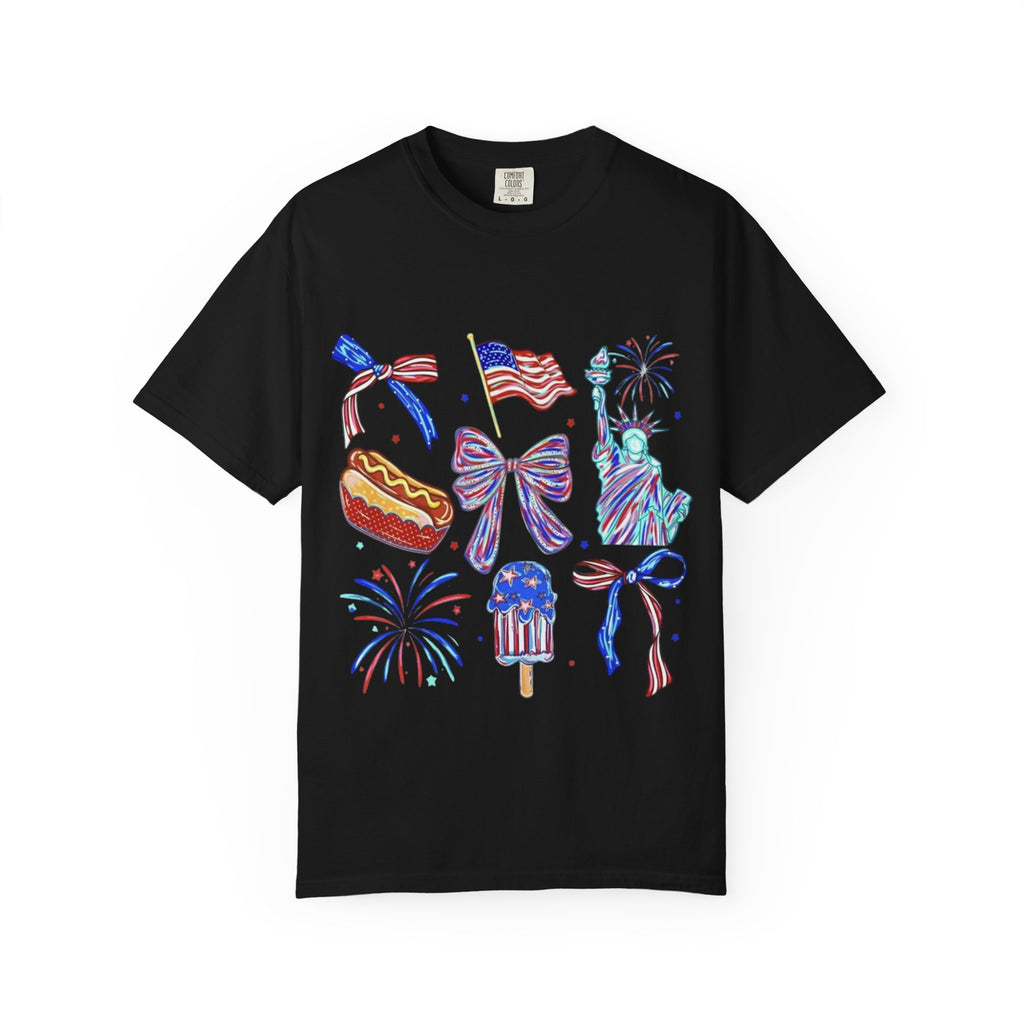 Statue of Liberty, Fireworks & Flags- Tee