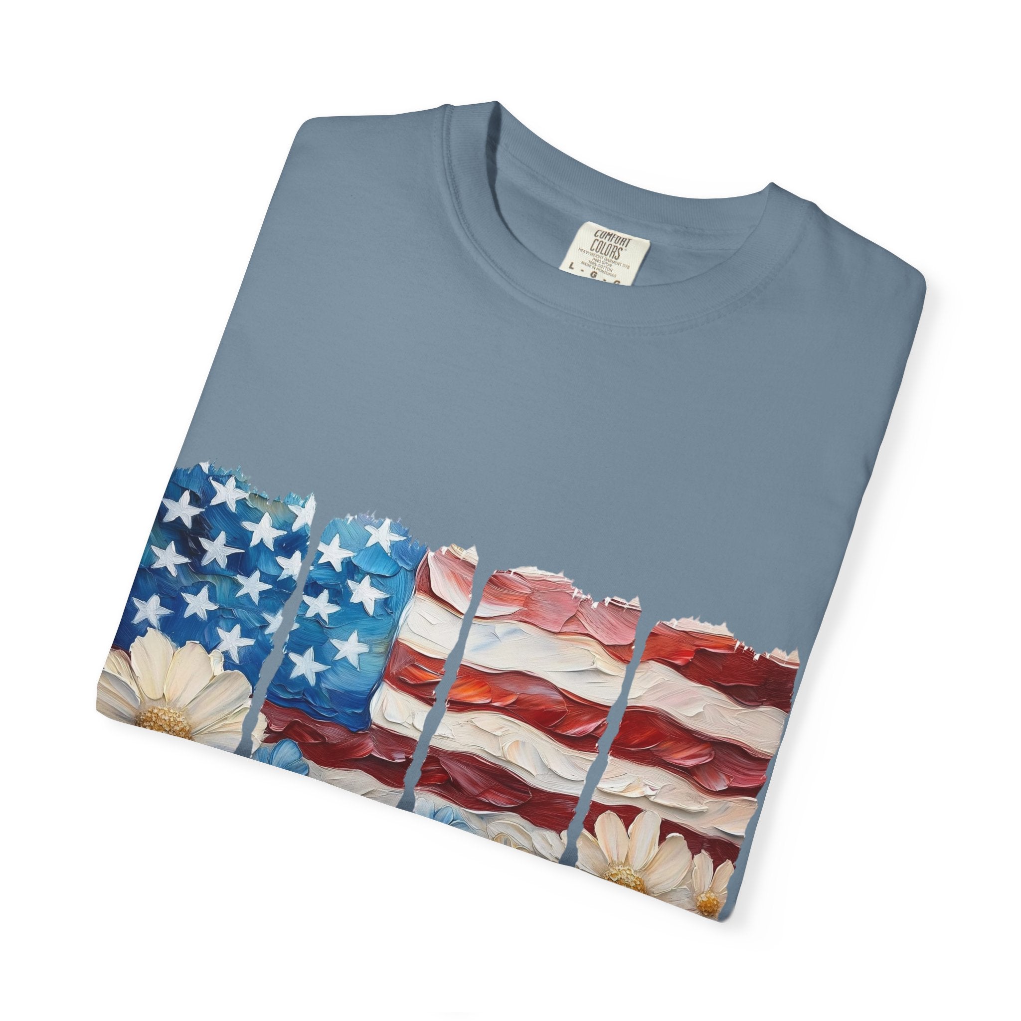 Patriotic Daisy Flag T-Shirt — "Land of the Free Because of the Brave"