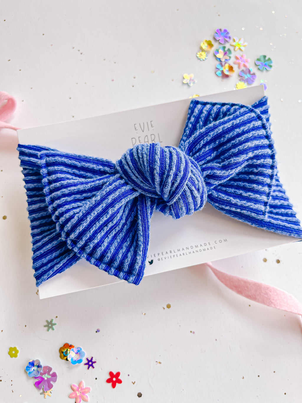 Blue Ribbed Baby Bow Turban
