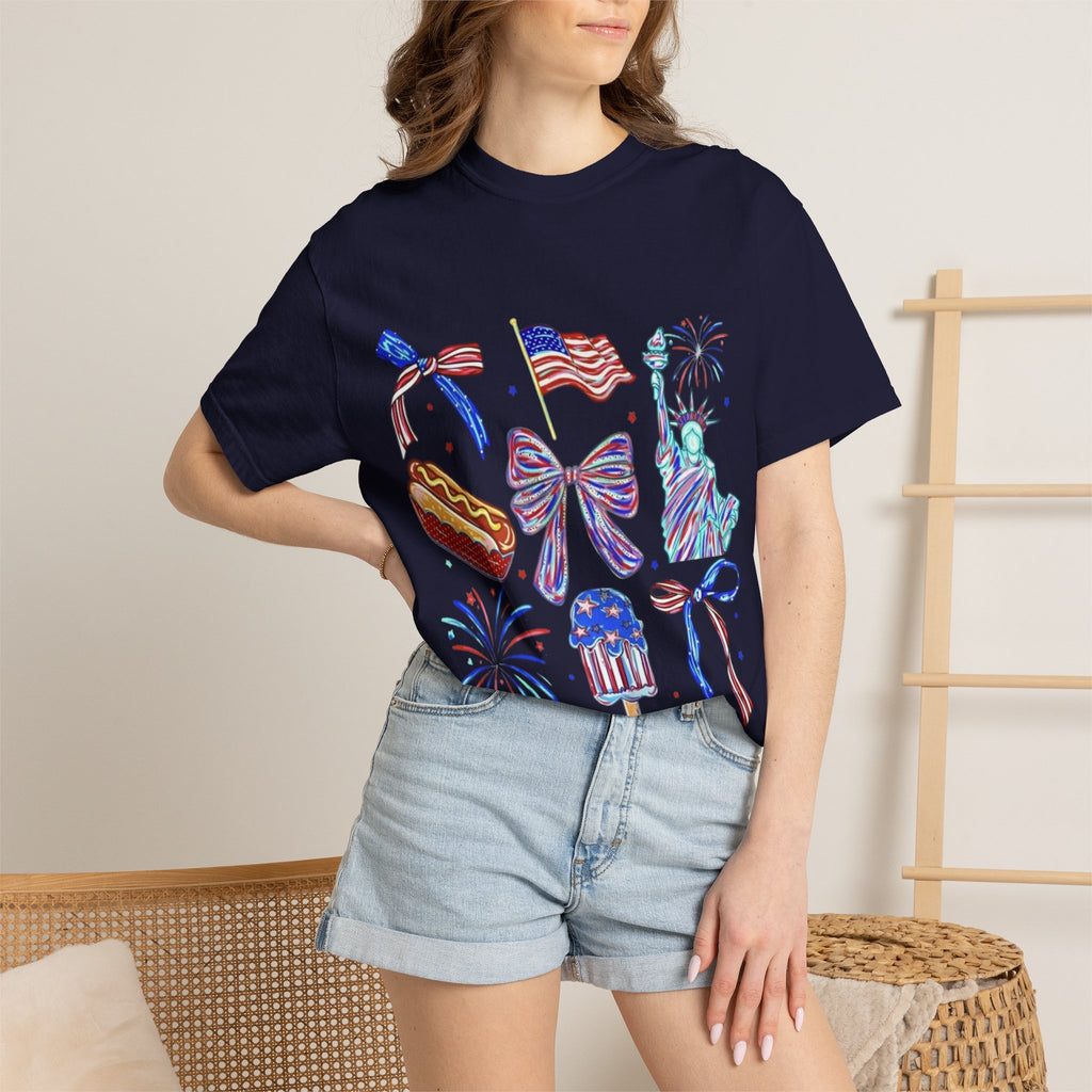Statue of Liberty, Fireworks & Flags- Tee