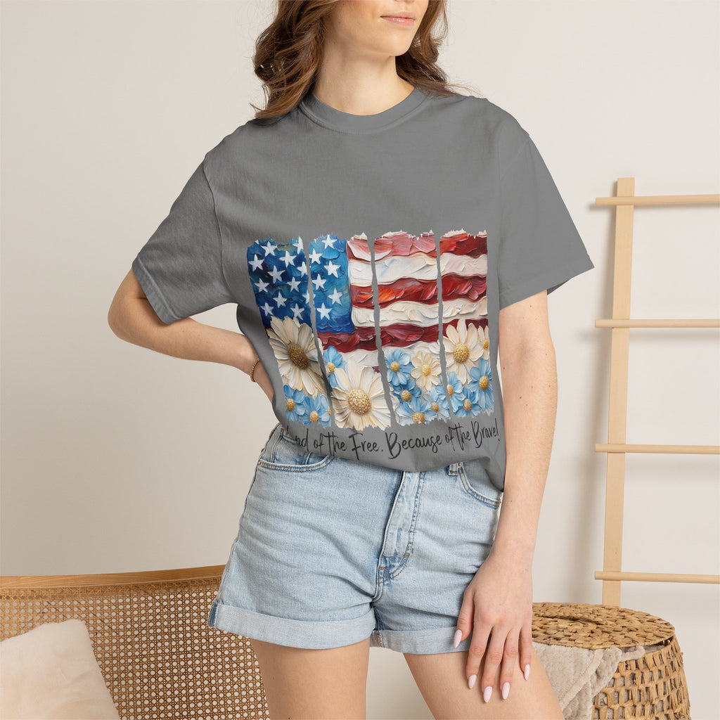 Patriotic Daisy Flag T-Shirt — "Land of the Free Because of the Brave"