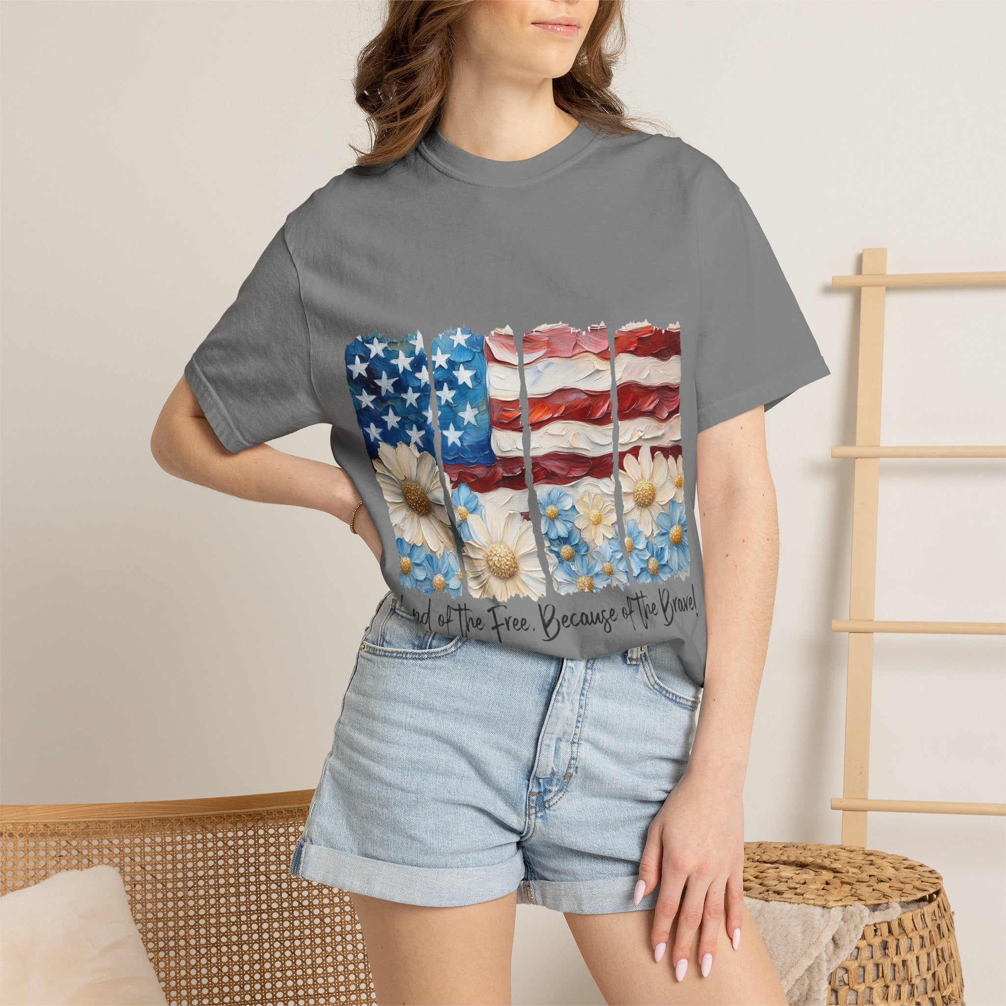 Patriotic Daisy Flag T-Shirt — "Land of the Free Because of the Brave"