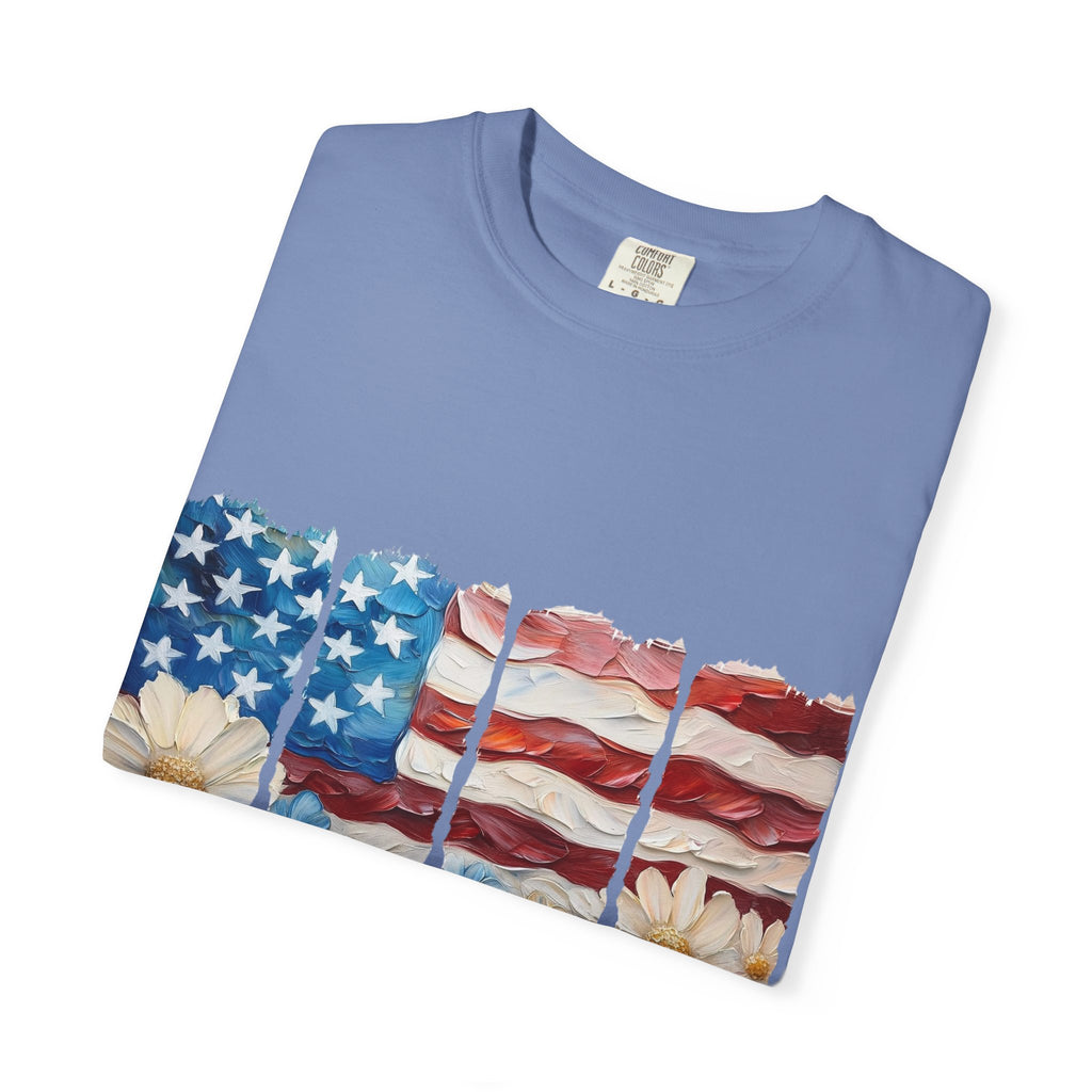 Patriotic Daisy Flag T-Shirt — "Land of the Free Because of the Brave"