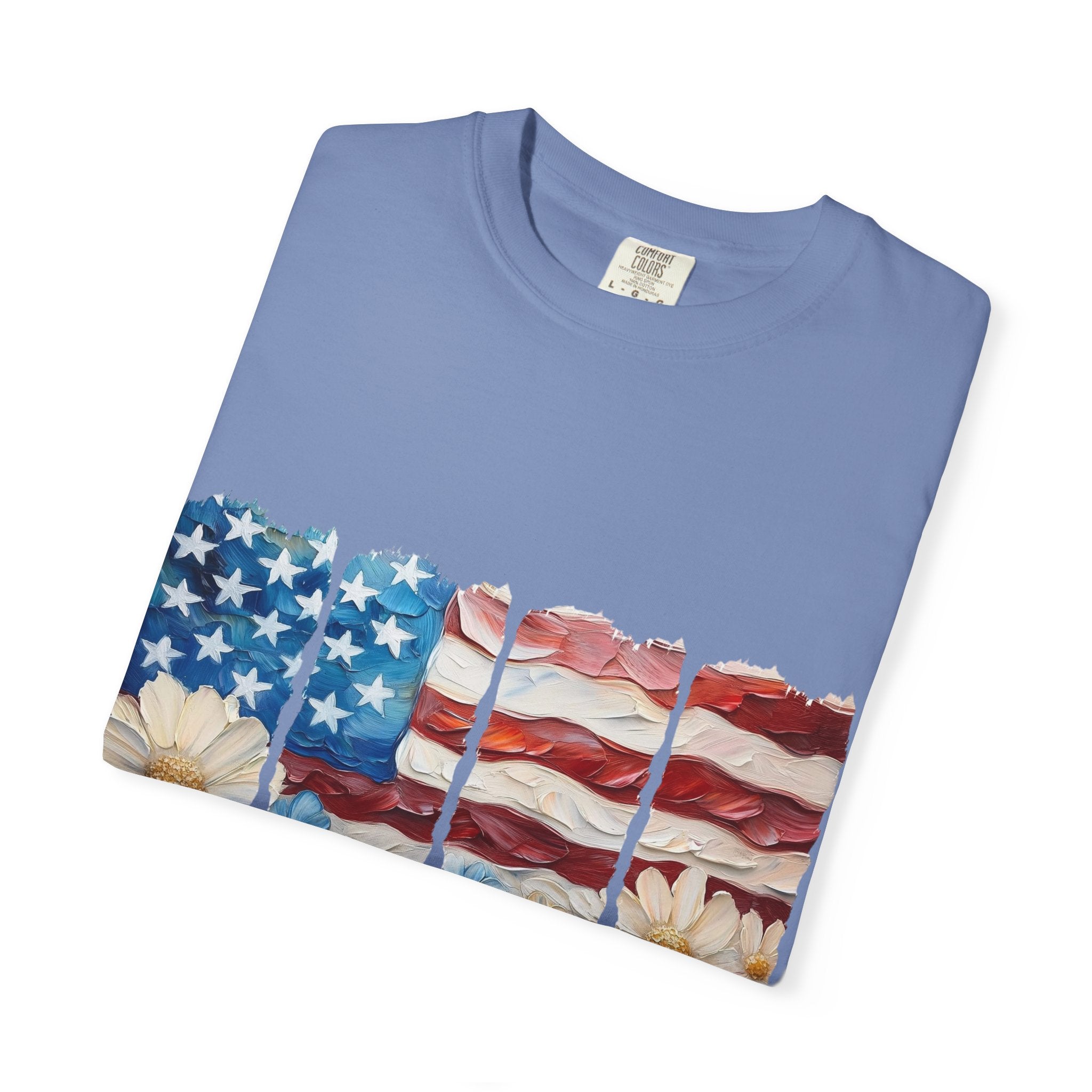 Patriotic Daisy Flag T-Shirt — "Land of the Free Because of the Brave"