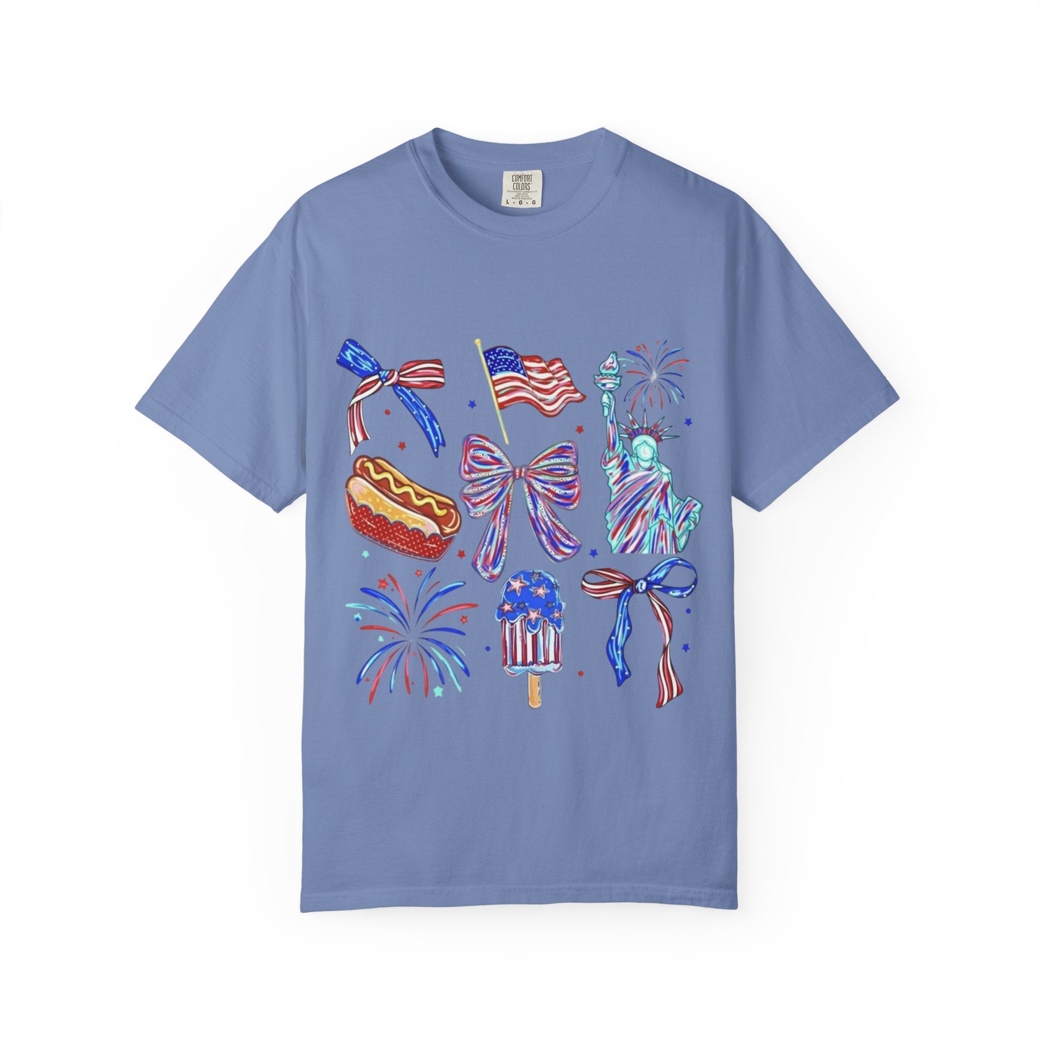 Statue of Liberty, Fireworks & Flags- Tee