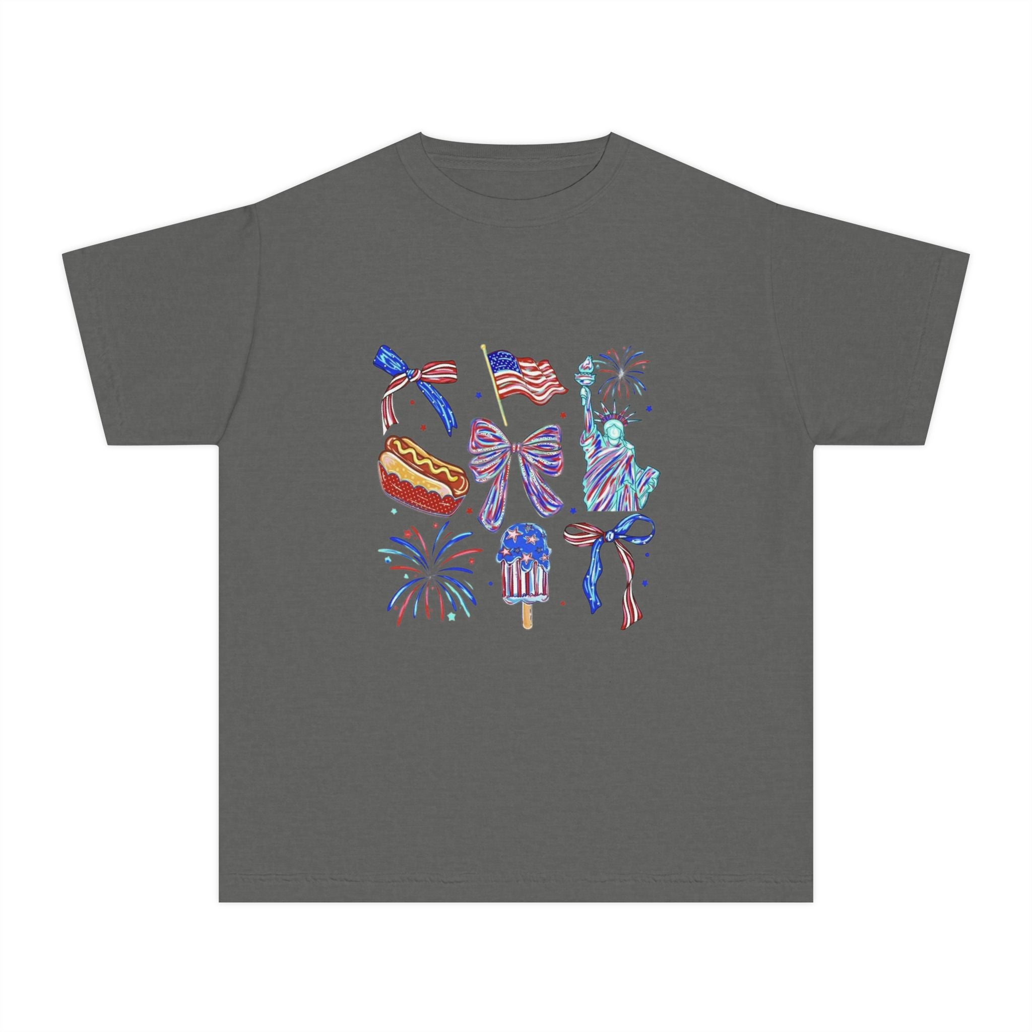 Youth Tee — Icons (fireworks, flag, popsicle, Statue of Liberty)