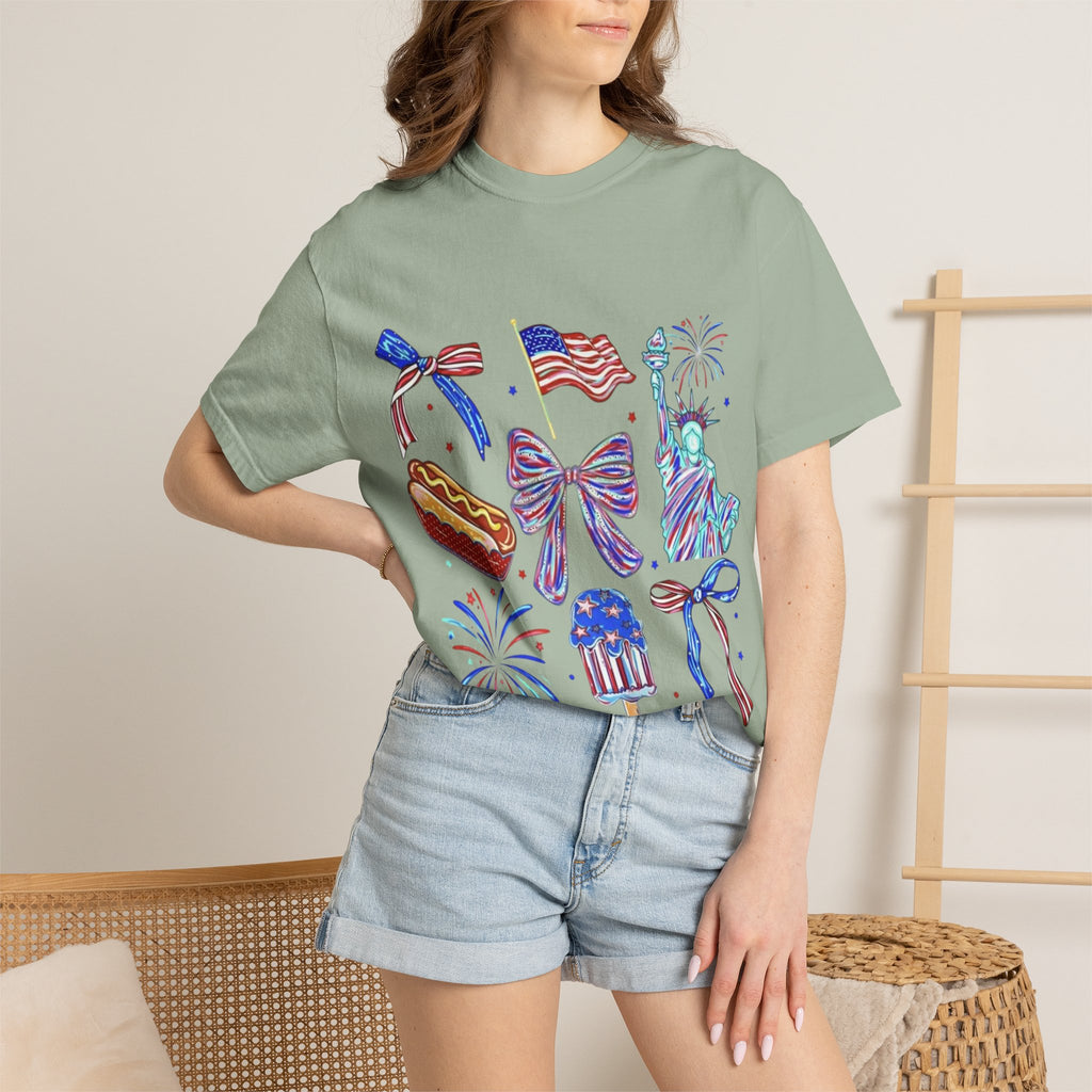 Statue of Liberty, Fireworks & Flags- Tee