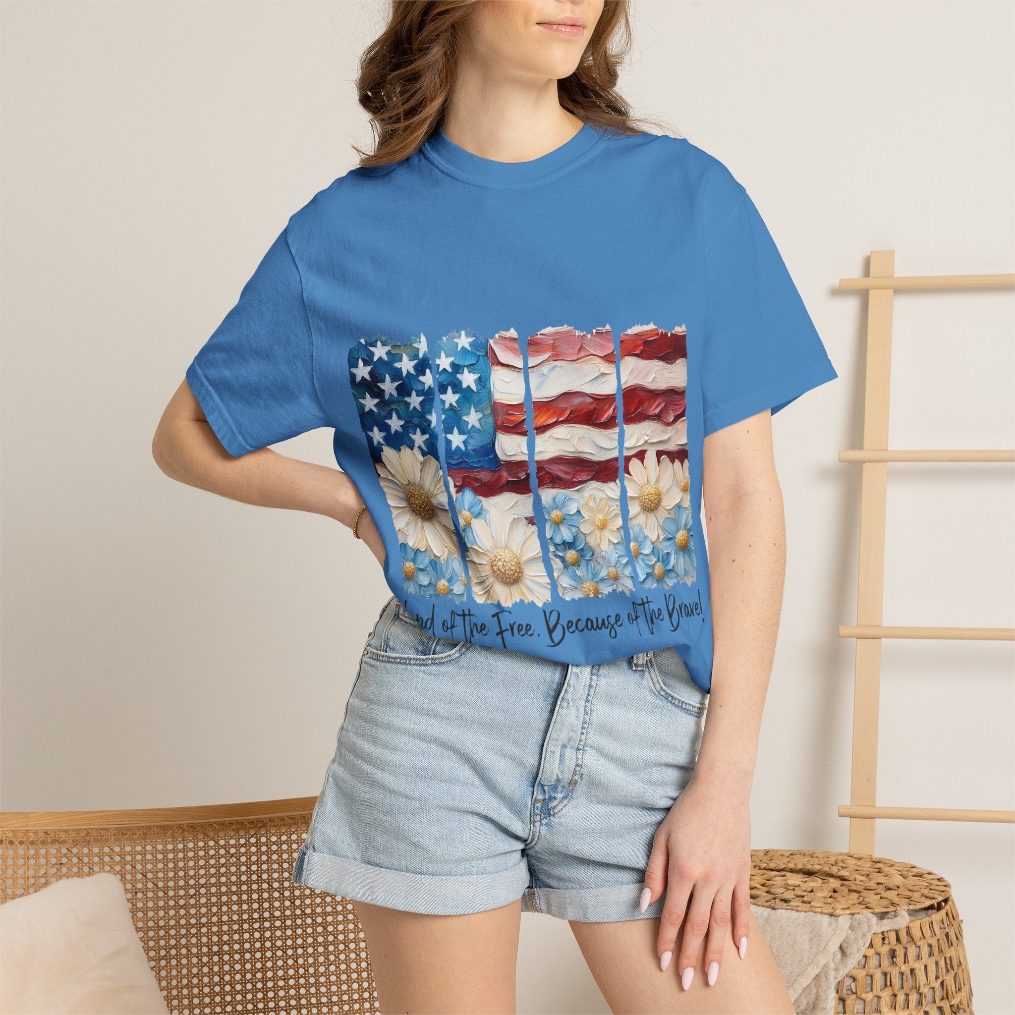 Patriotic Daisy Flag T-Shirt — "Land of the Free Because of the Brave"