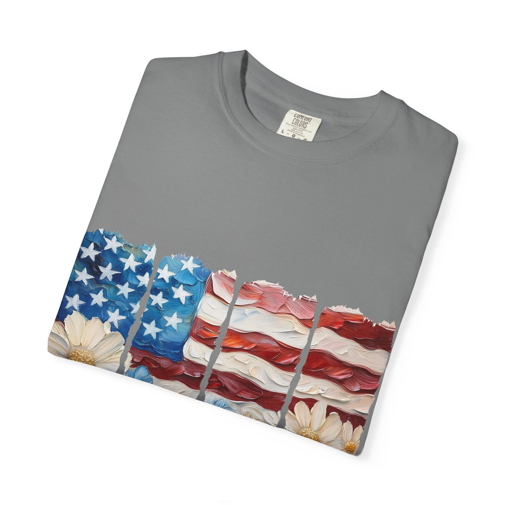 Patriotic Daisy Flag T-Shirt — "Land of the Free Because of the Brave"